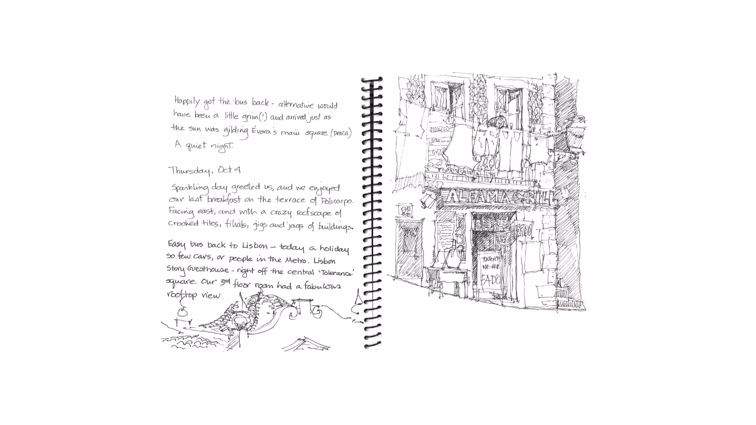 Hand-drawn travel journal page with sketch of Altama Grill storefront