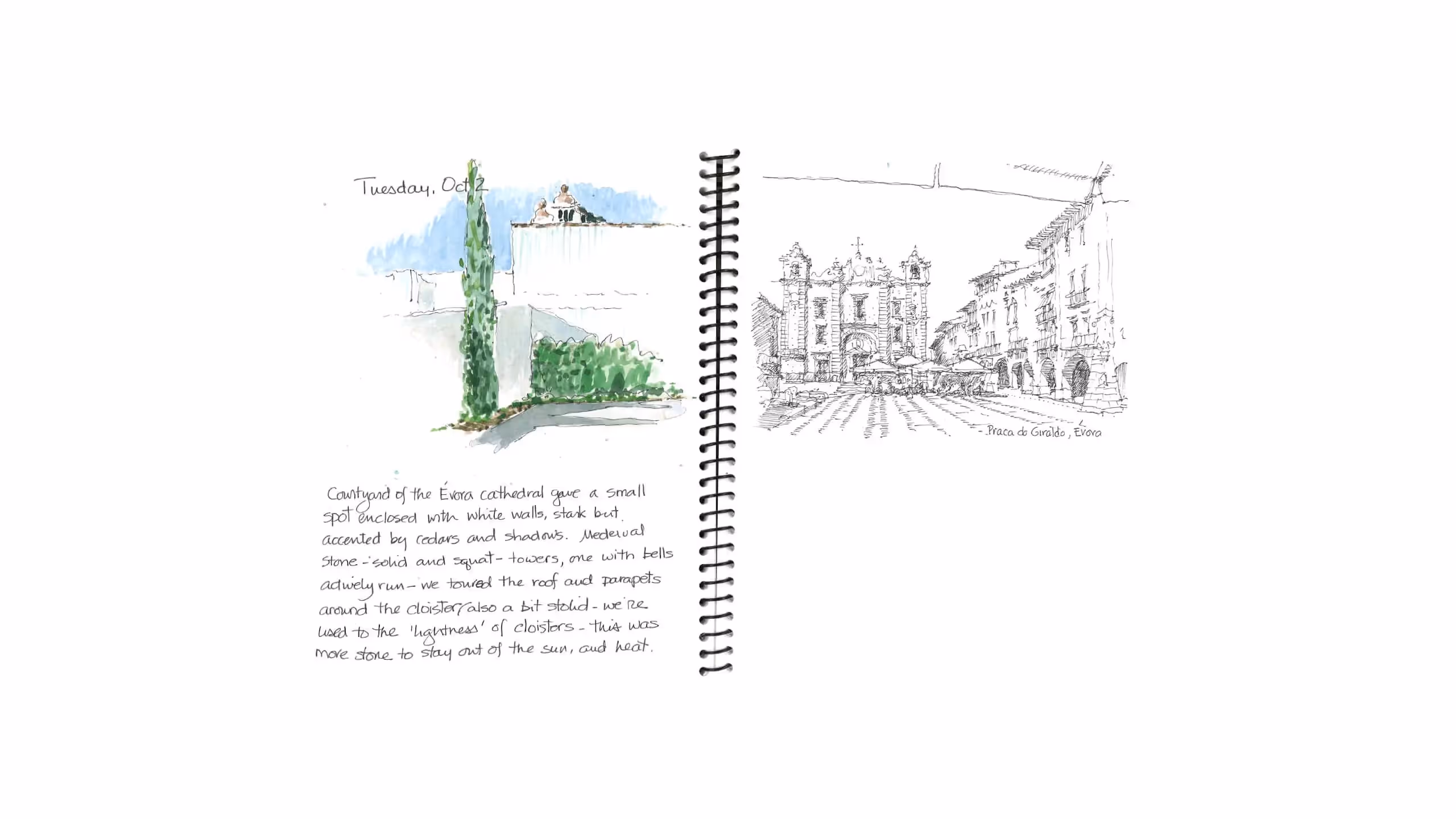 Travel sketch of Évora cathedral courtyard with watercolor and architectural drawing
