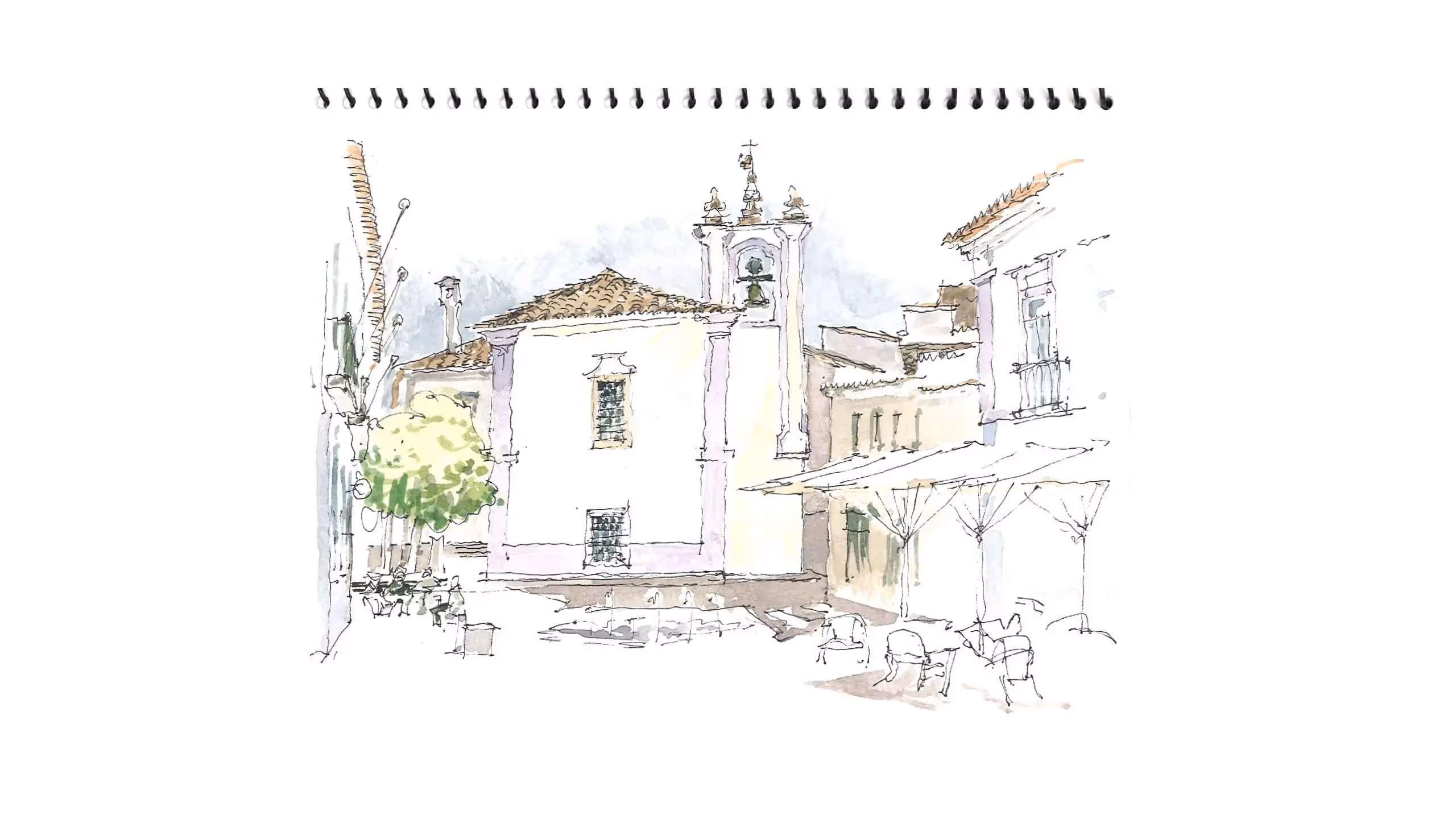 Watercolor sketch of a quaint European village with whitewashed buildings