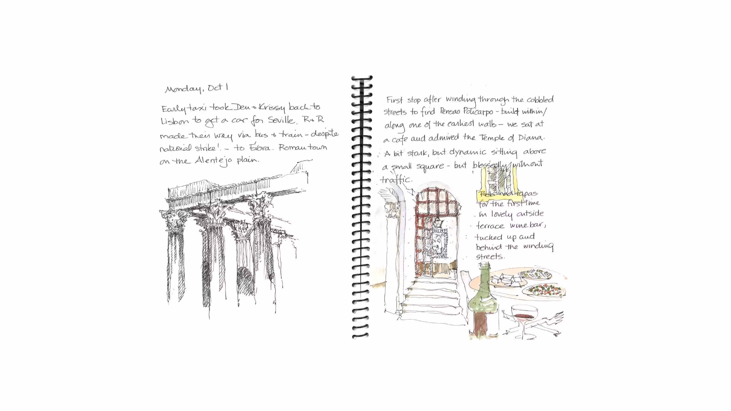 Travel journal sketches of Roman columns and a terrace cafe scene