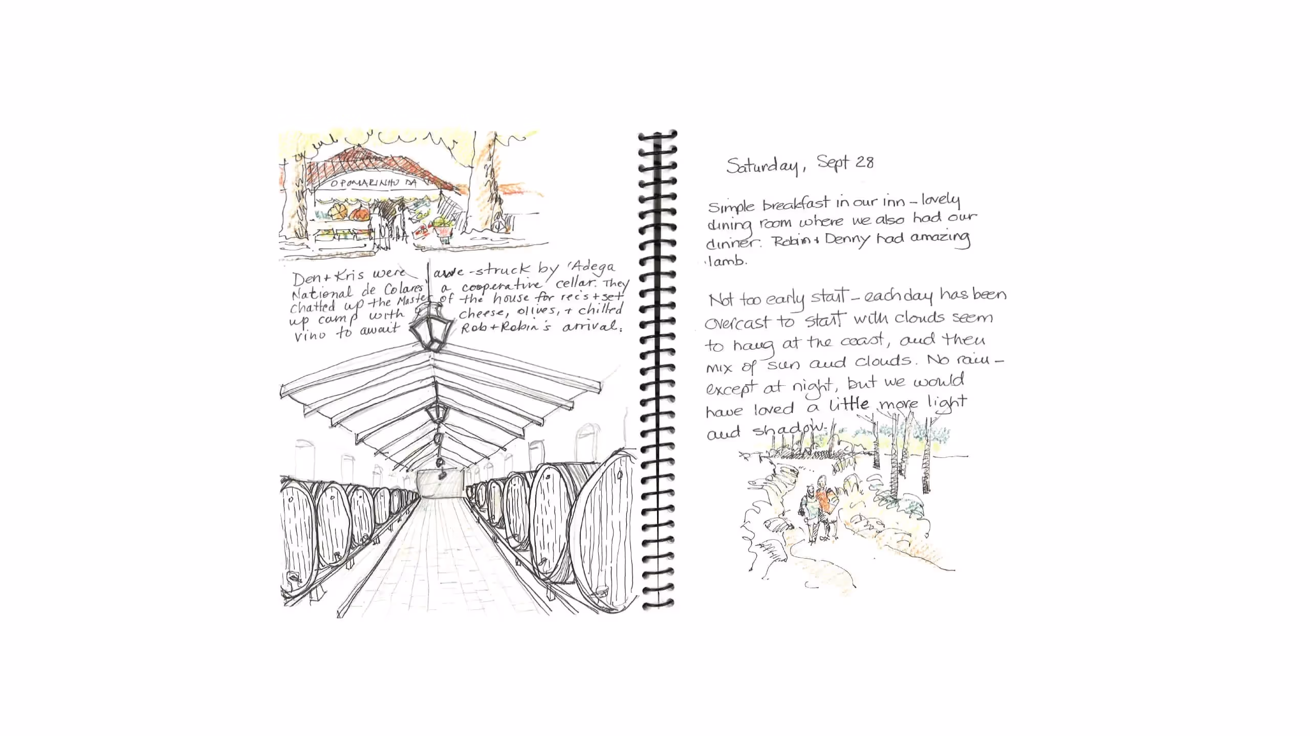 Wine cellar sketch with barrels and journal entry about a day's experiences