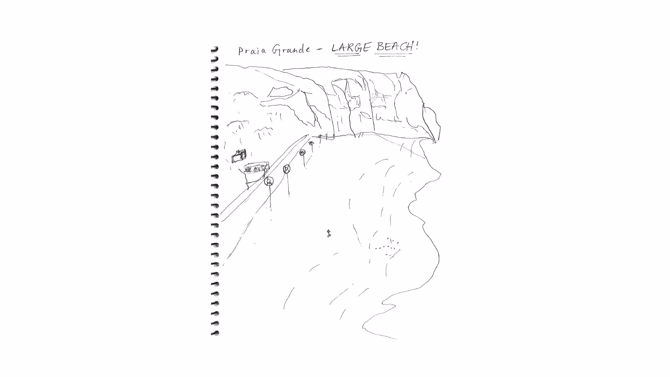 Hand-drawn sketch of Praia Grande beach with rocky cliffs and road