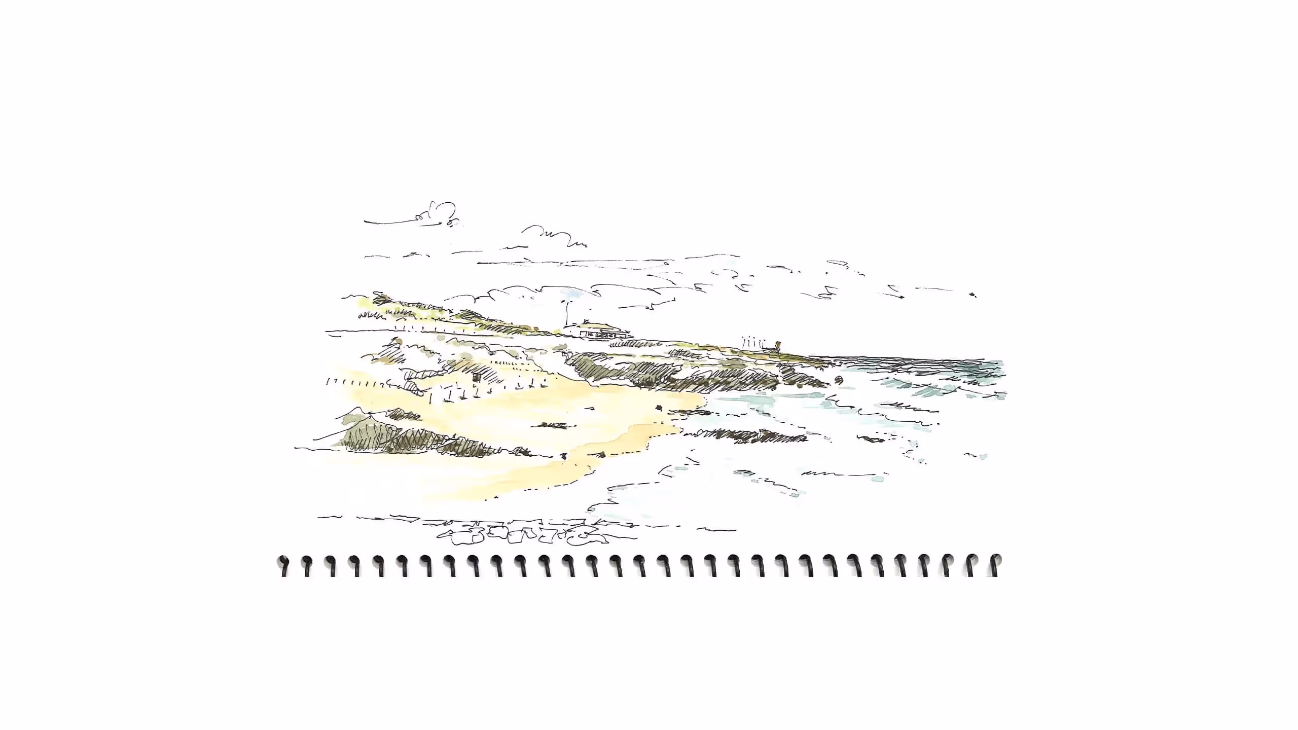 Sketch of a coastal landscape with sandy beach, hills, and ocean waves