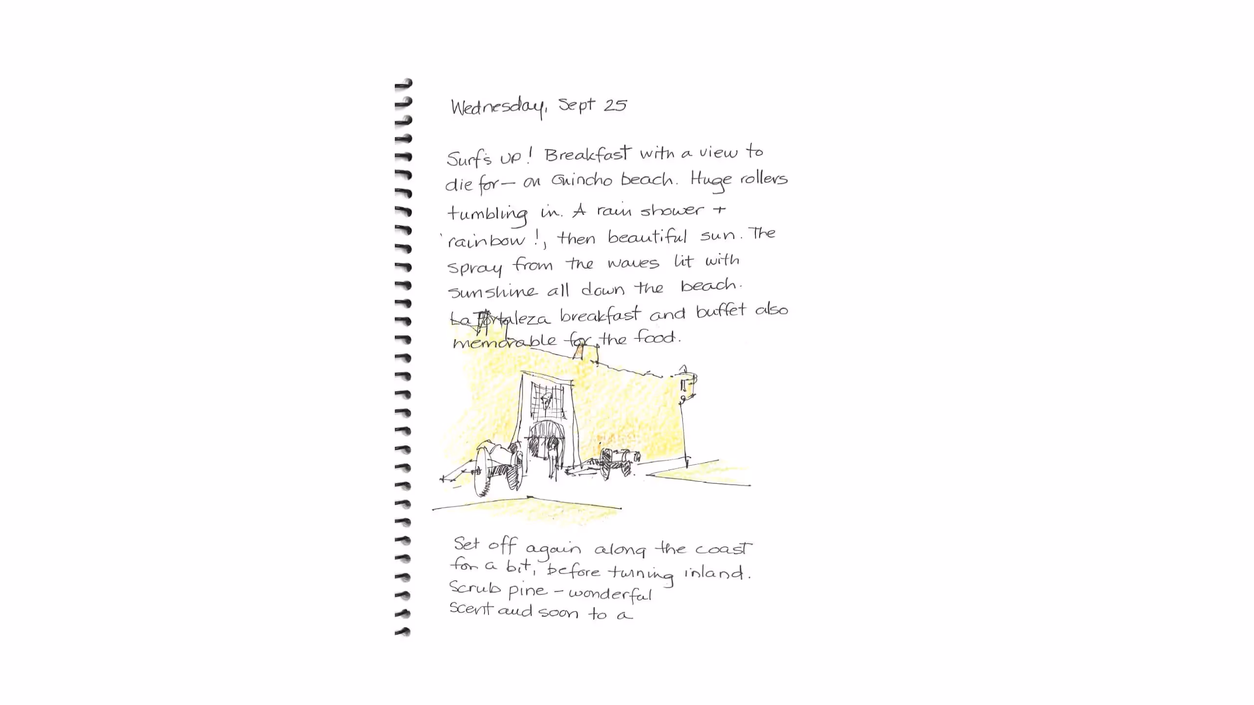 Travel journal page with handwritten notes and sketch of beach scene