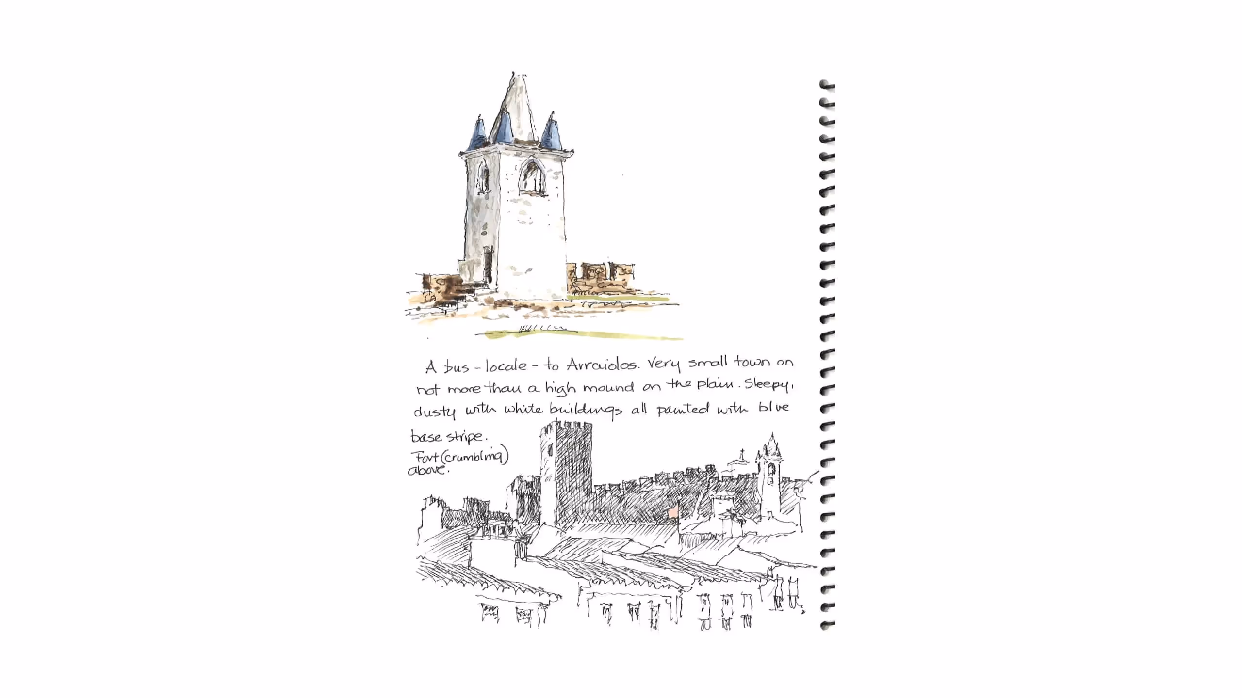 Sketch of Arraiolos, a small Portuguese town with church tower and buildings