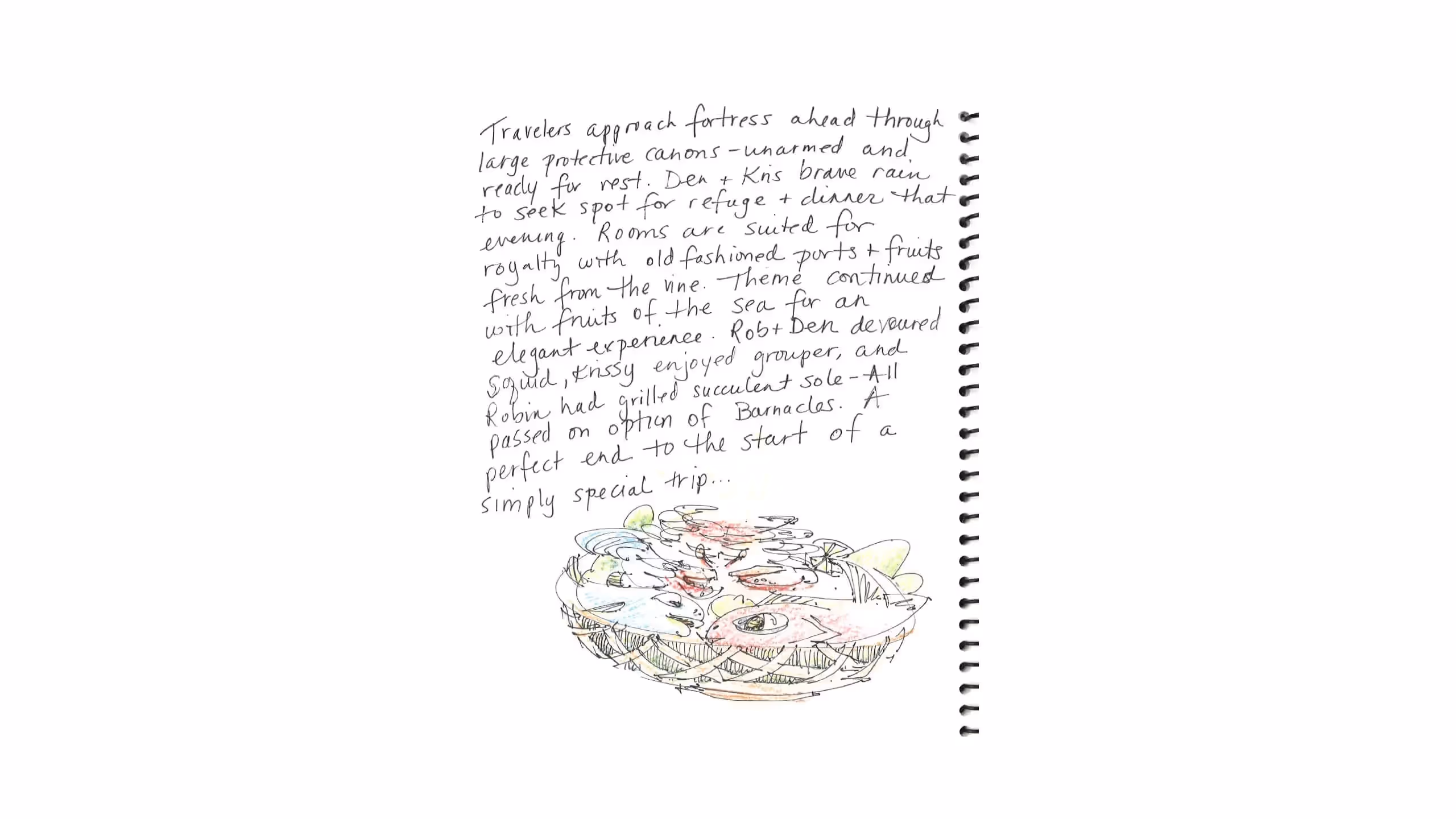 Hand-drawn journal page with colorful sketch of travelers' meal and text
