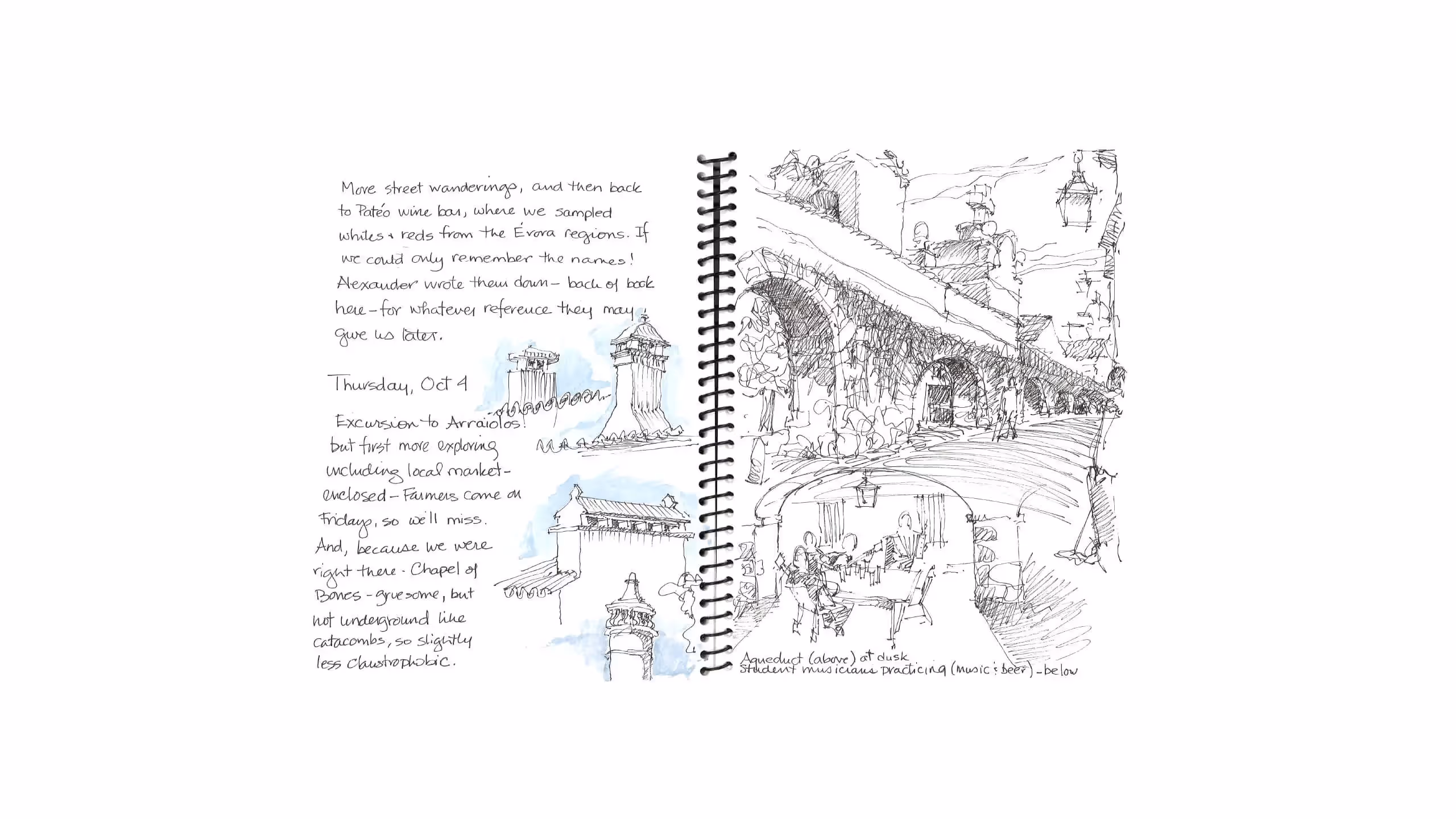 Travel journal page with sketches of European streets, architecture, and notes