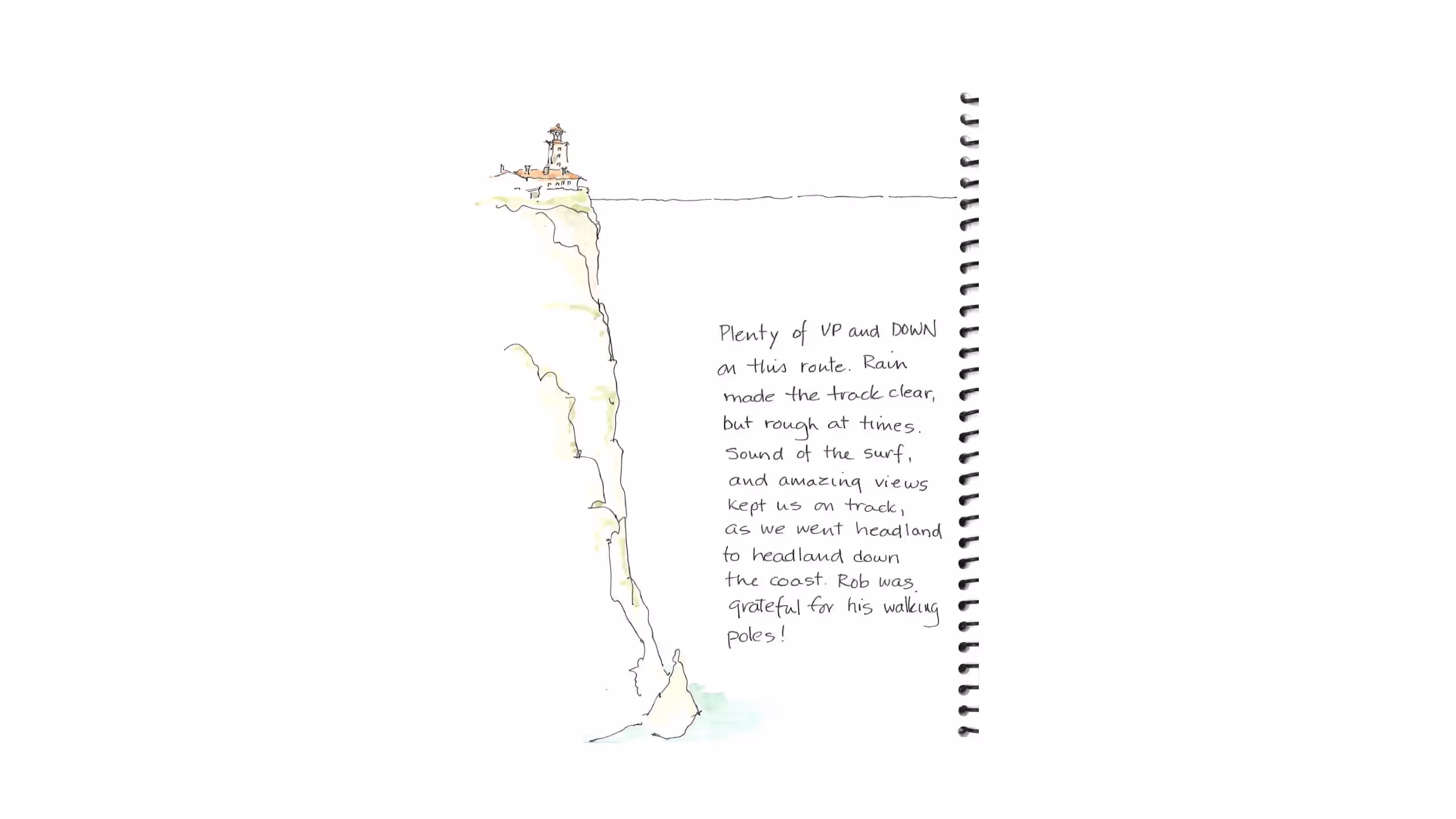Sketch of coastal cliff with lighthouse, track, and handwritten journal notes