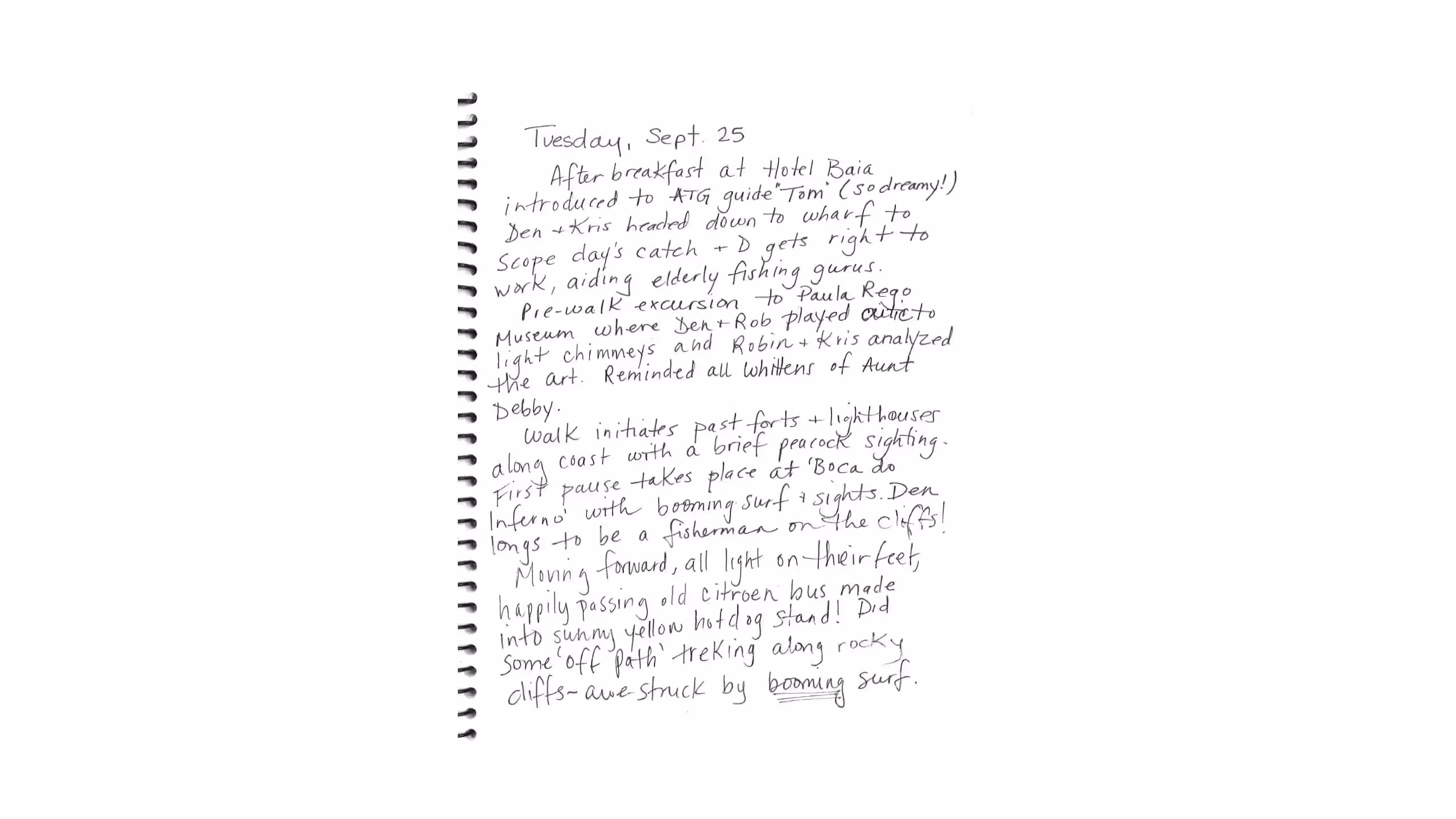 Handwritten travel journal entry describing a day's activities