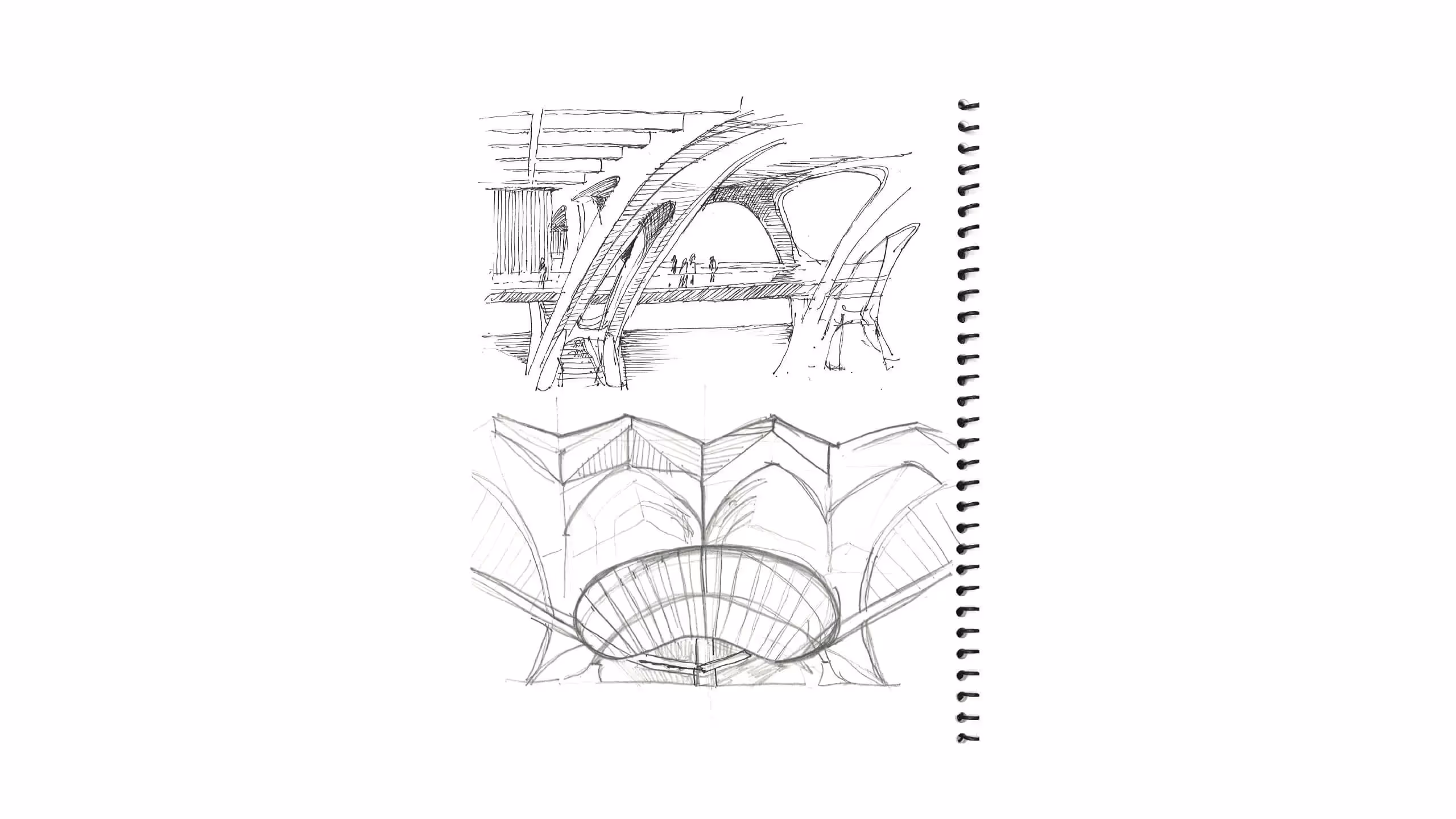 Architectural sketch of futuristic curved bridge with structural design details