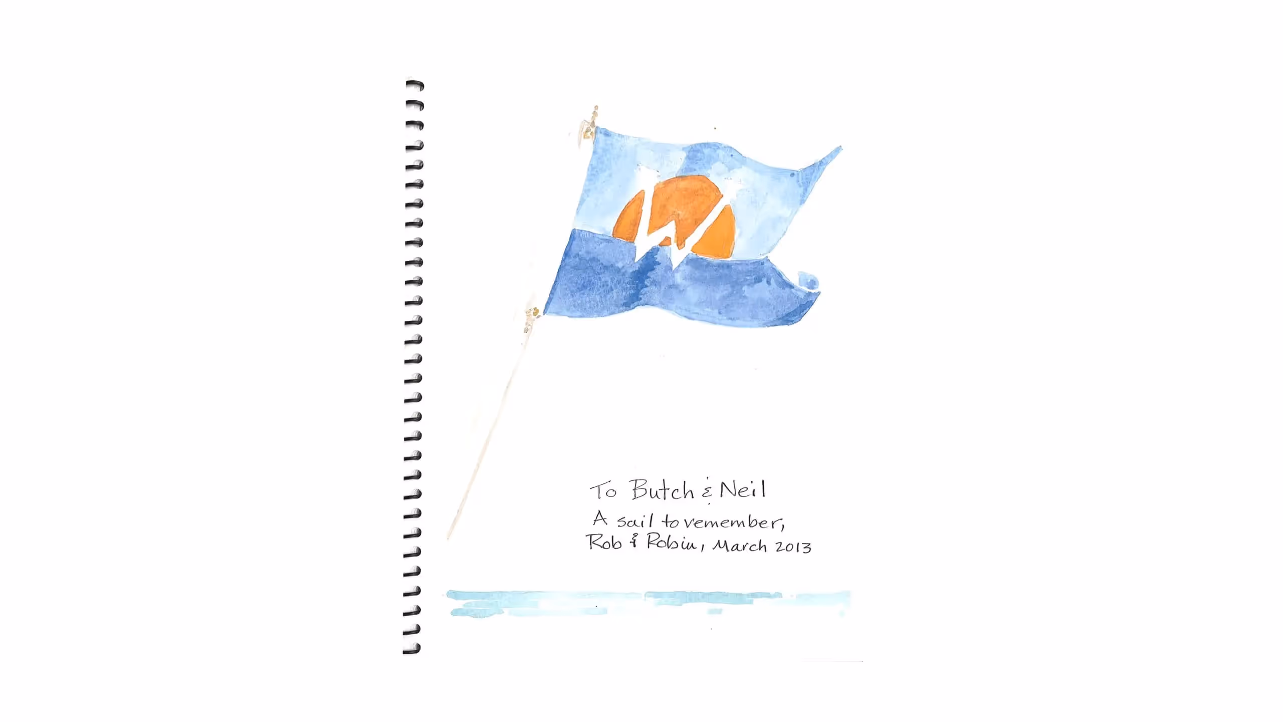 Watercolor painting of a blue flag with orange sun logo on notebook page