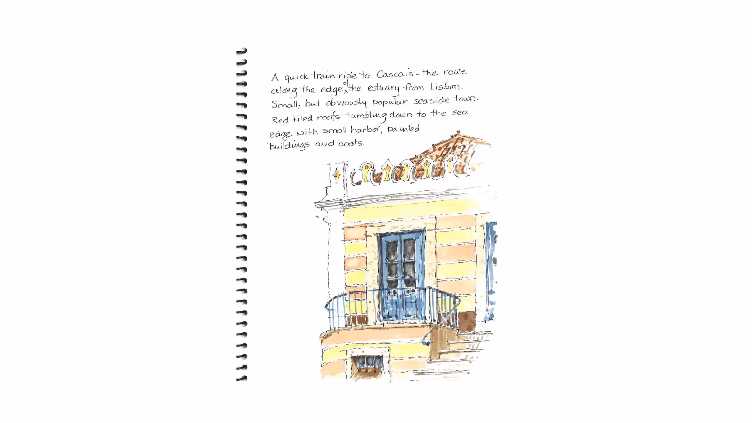 Watercolor sketch of yellow coastal building with blue balcony in Cascais