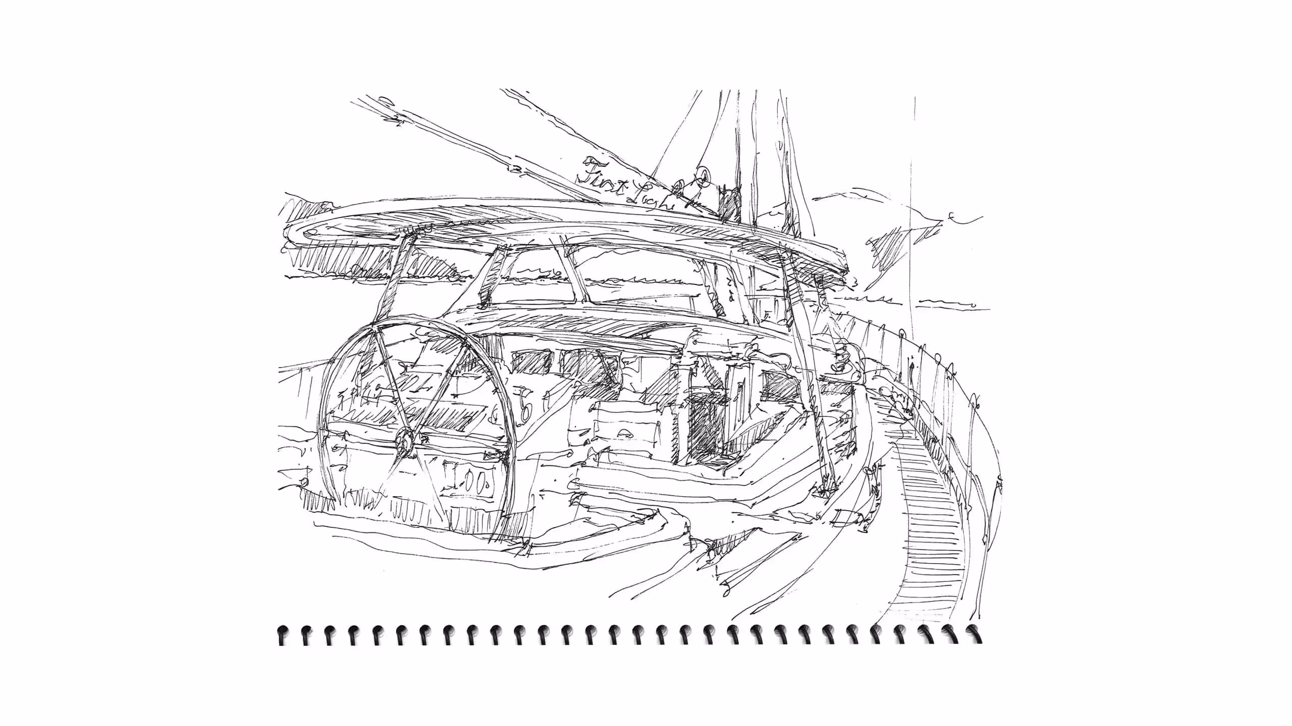 Detailed sketch of a sailing boat deck with intricate rigging and walkway