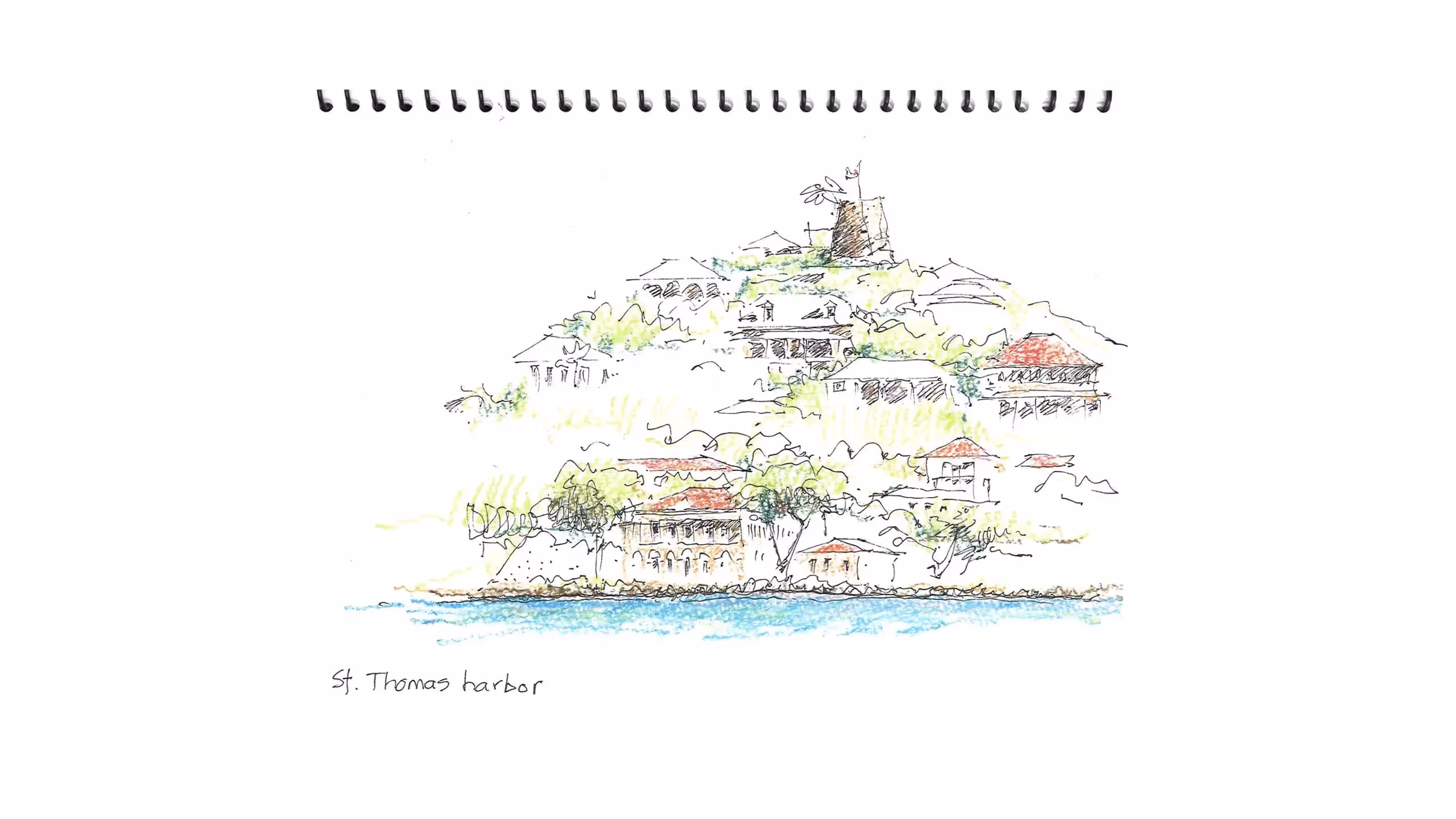 Watercolor sketch of St. Thomas harbor with buildings and trees by water