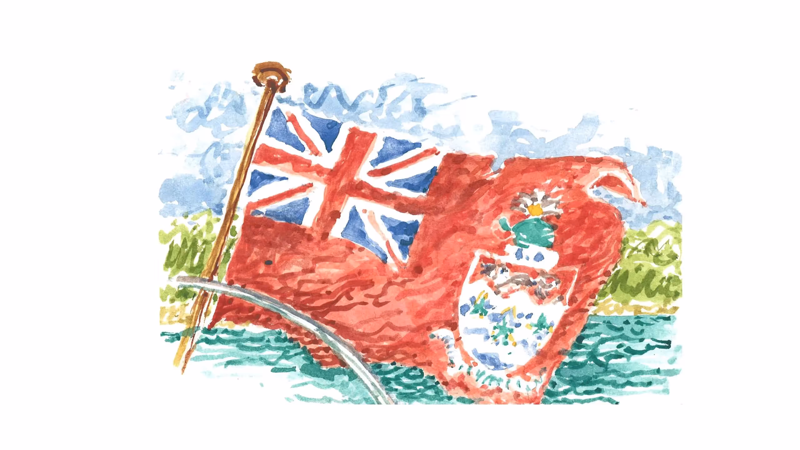 Bermuda flag painted in watercolor, waving with blue sky and green landscape