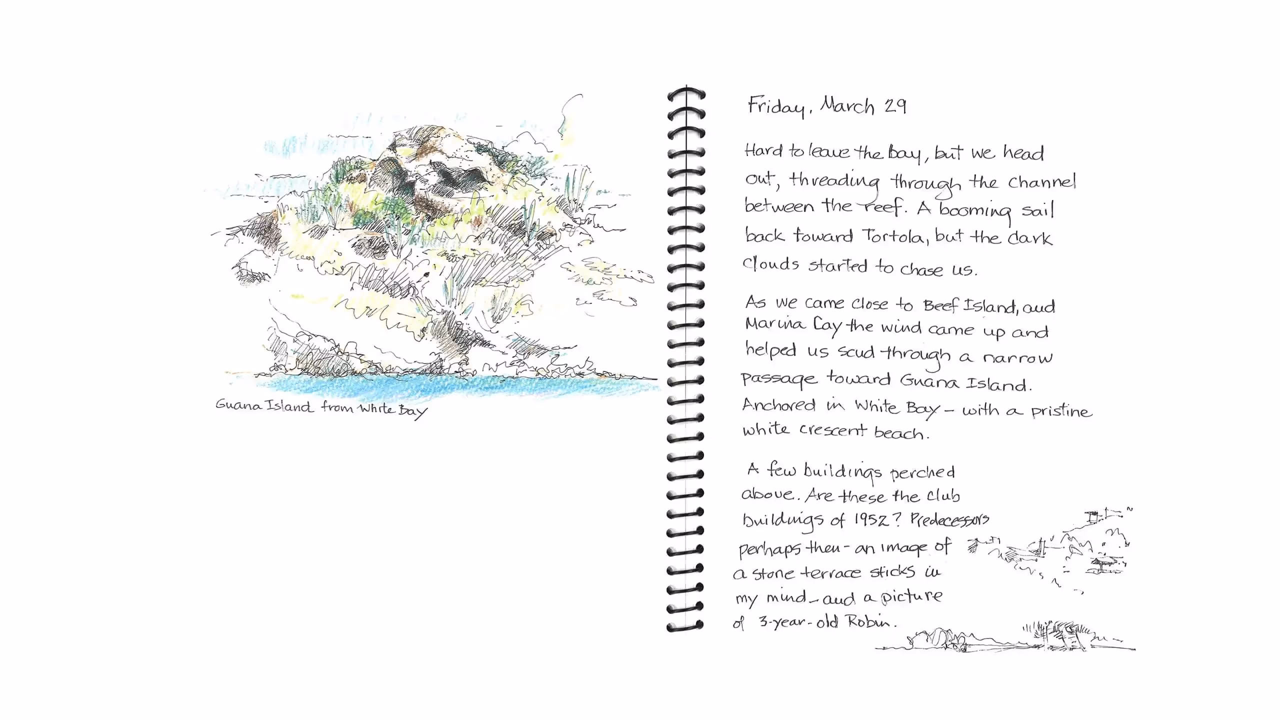 Hand-drawn sketch of Guana Island with blue water and rocky landscape