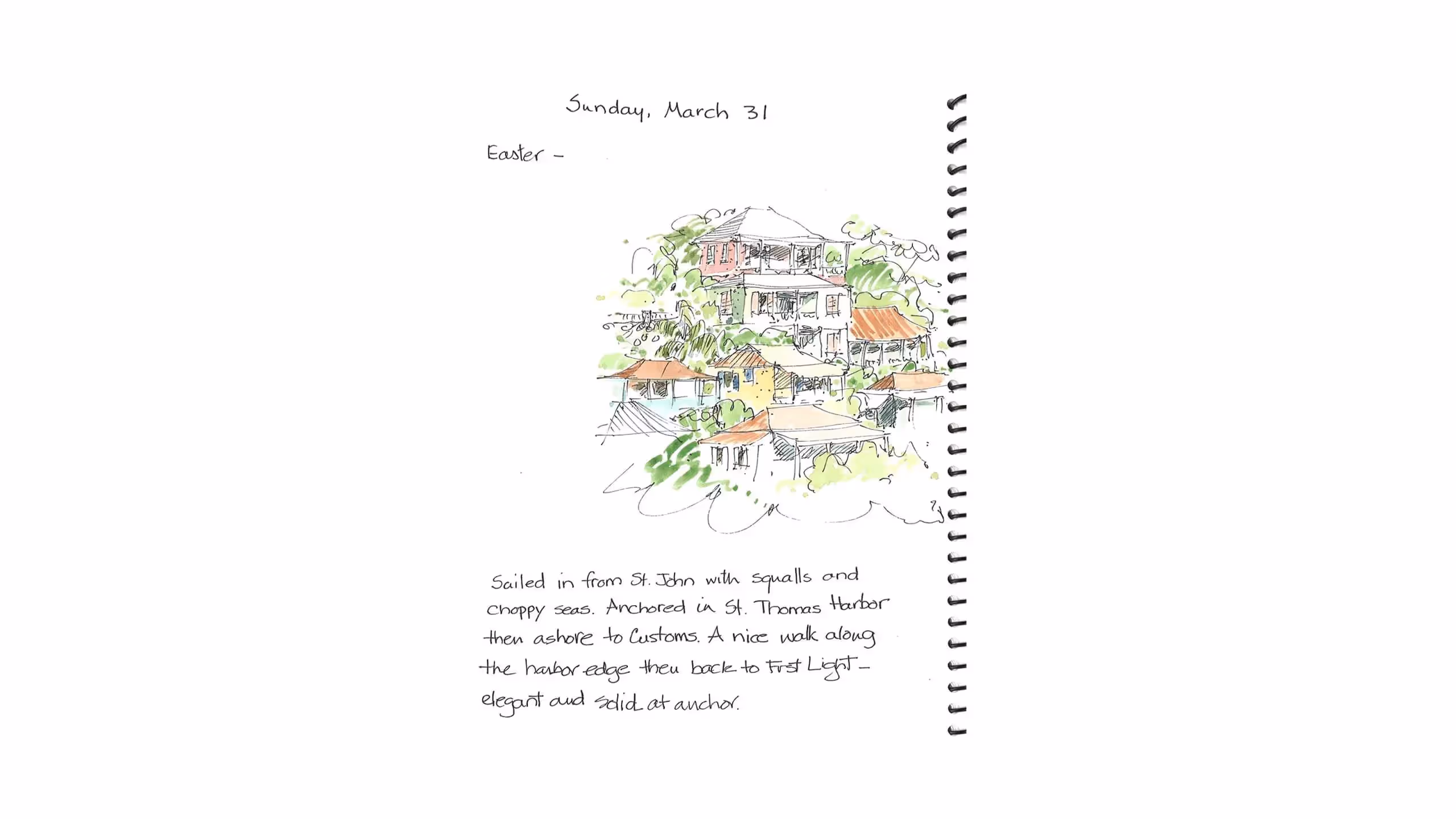 Watercolor sketch of tropical buildings and harbor on Easter Sunday