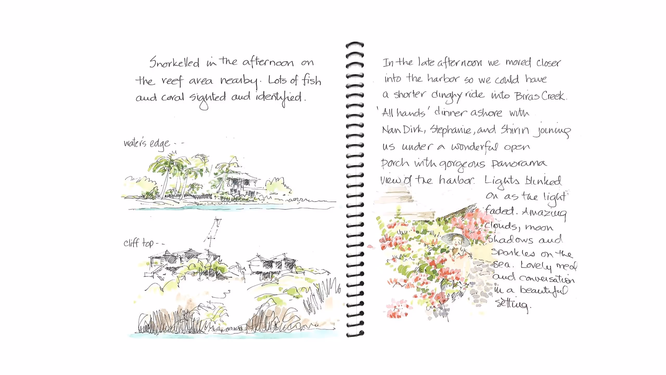 Hand-drawn travel journal with sketches of landscape, harbor, and flowers