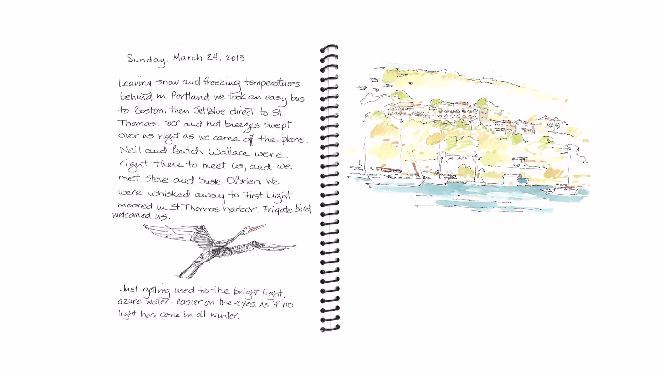 Travel journal page with watercolor sketch of St. Thomas harbor and bird
