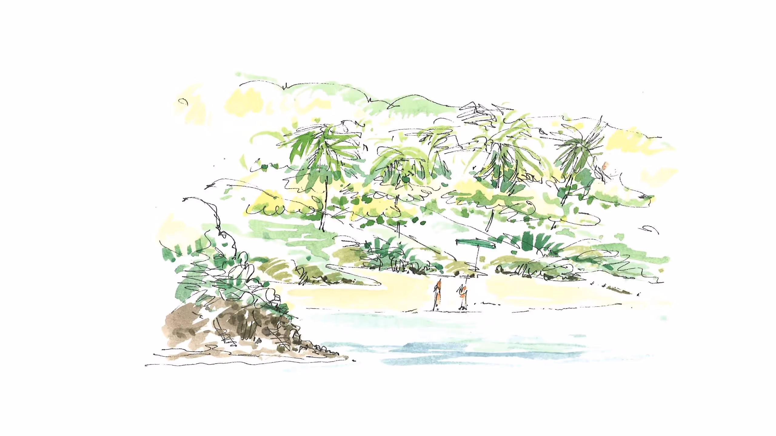 Watercolor sketch of tropical landscape with palm trees and people