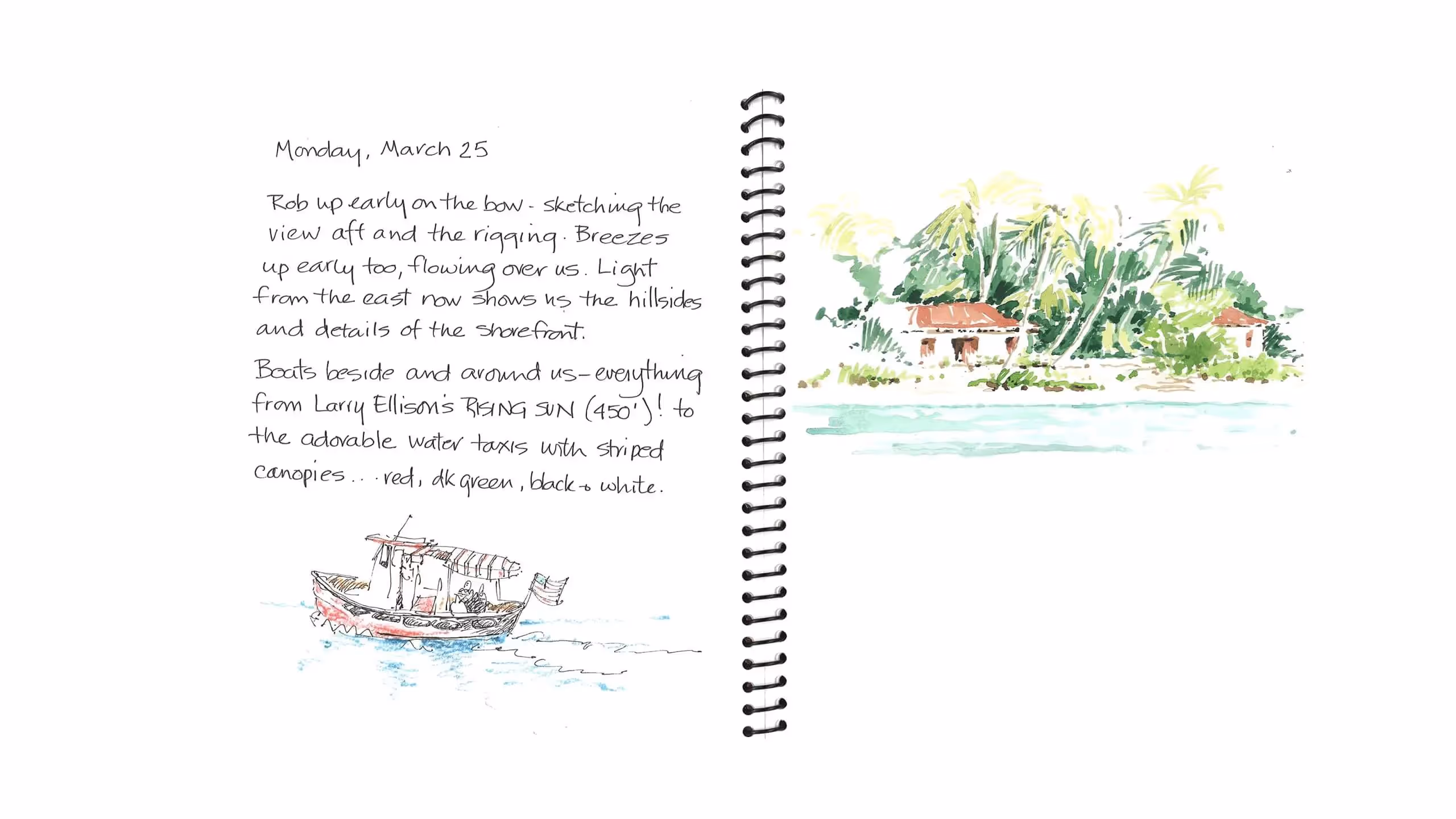 Watercolor sketch of a boat near tropical shoreline with handwritten journal entry