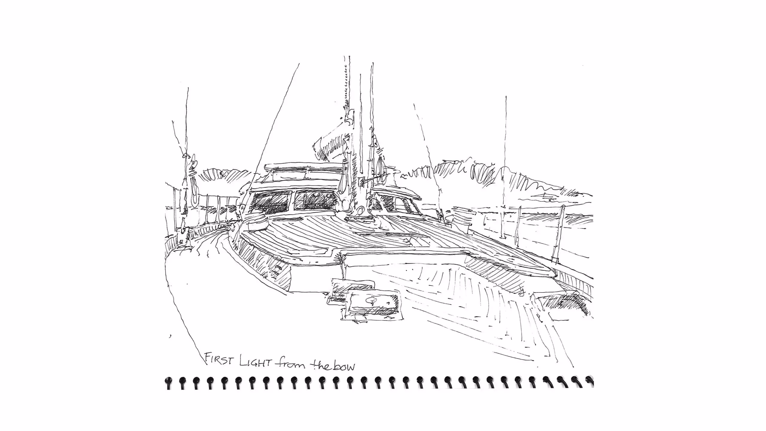Sketch of a sailboat deck at first light with detailed rigging and lines