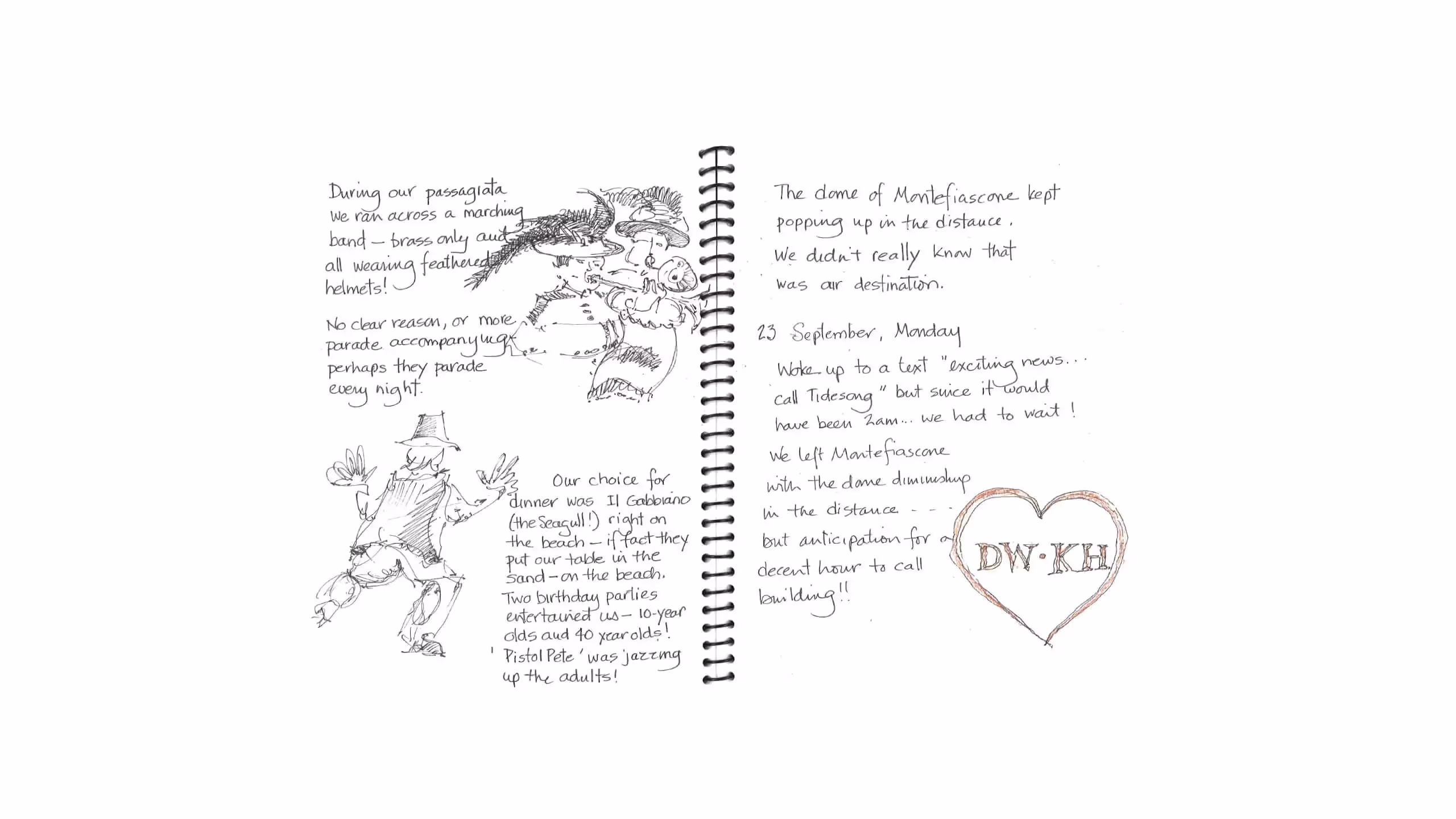 Travel journal page with sketches, handwritten notes, and a heart with initials