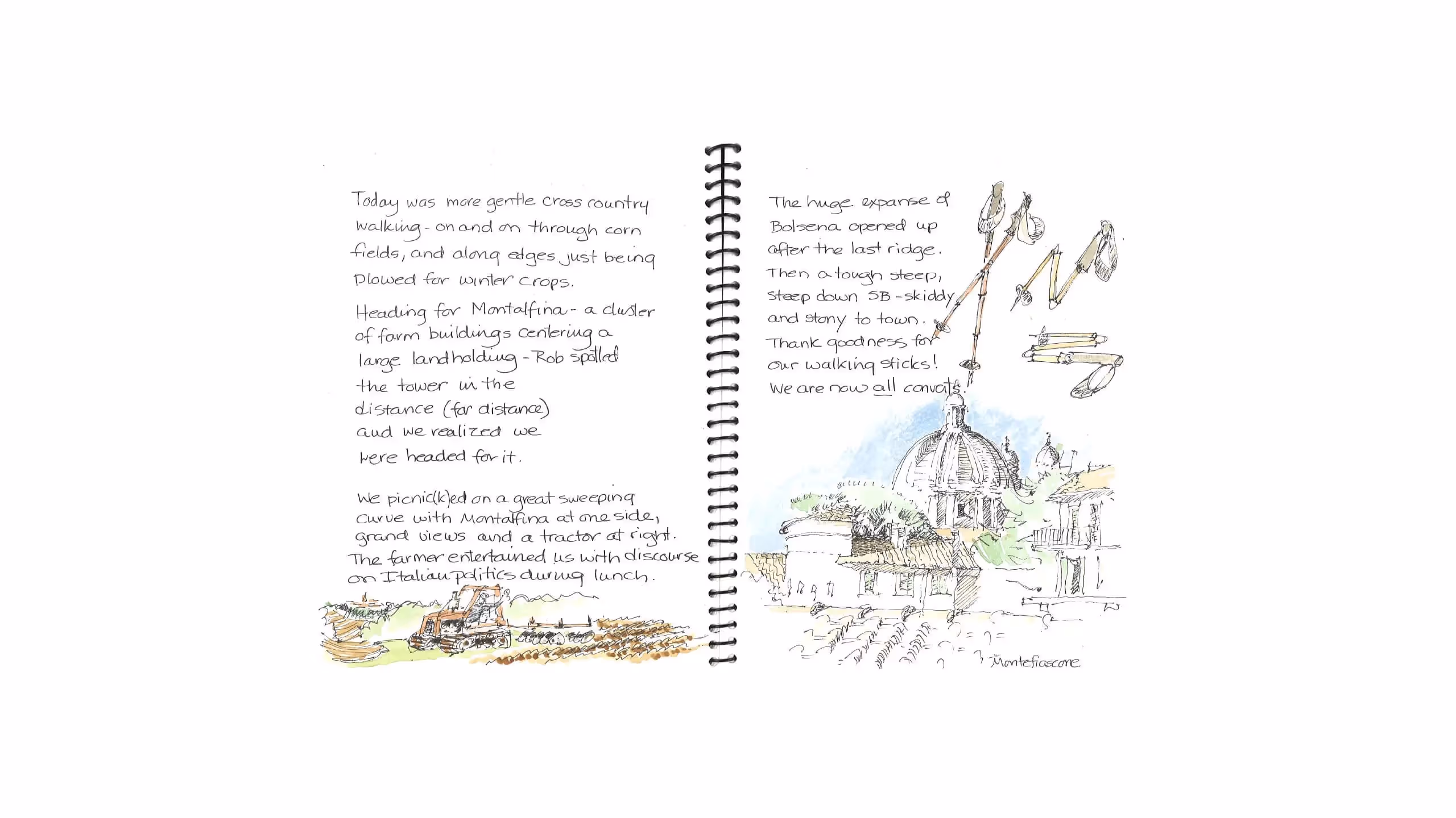 Handwritten journal with sketches of countryside, tractor, and historic buildings