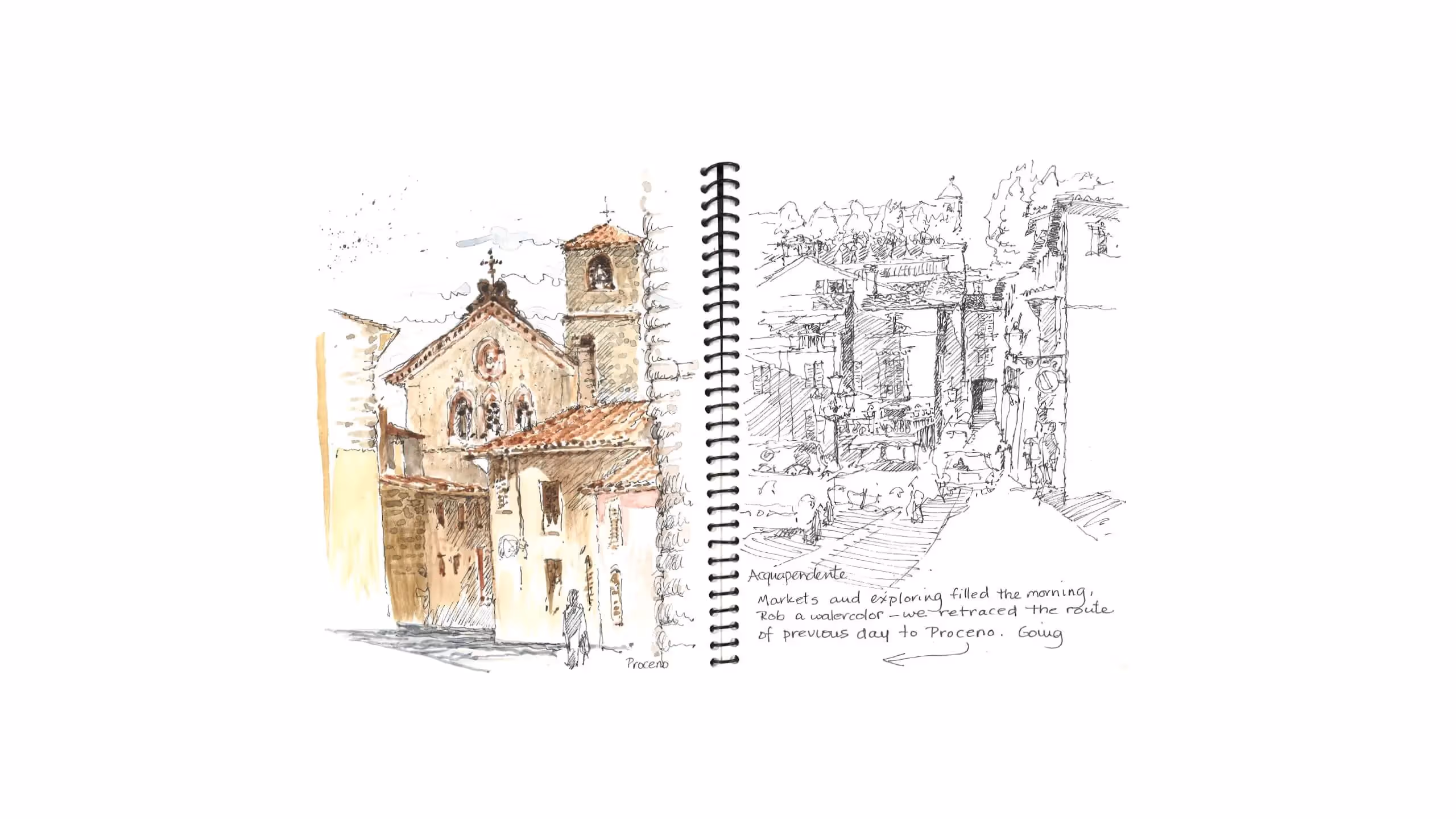 Architectural sketch of an Italian church and village street scene
