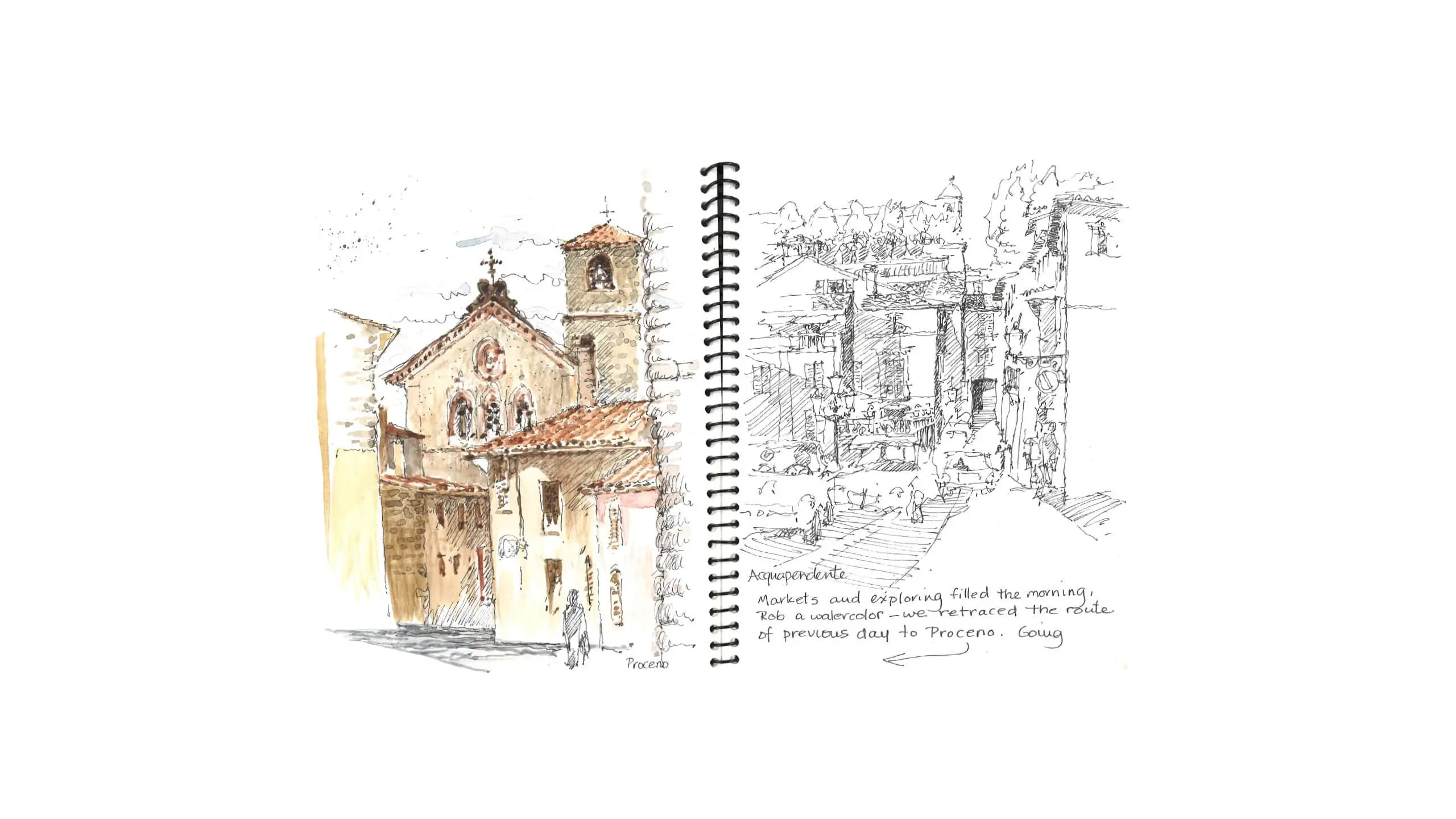 Architectural sketch of an Italian church and village street scene