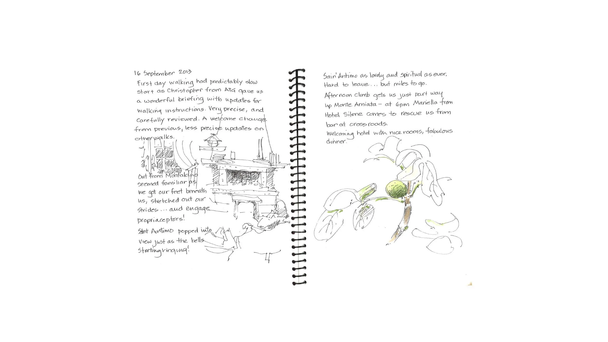 Handwritten journal entry with sketches from September 16, 2013 travel day