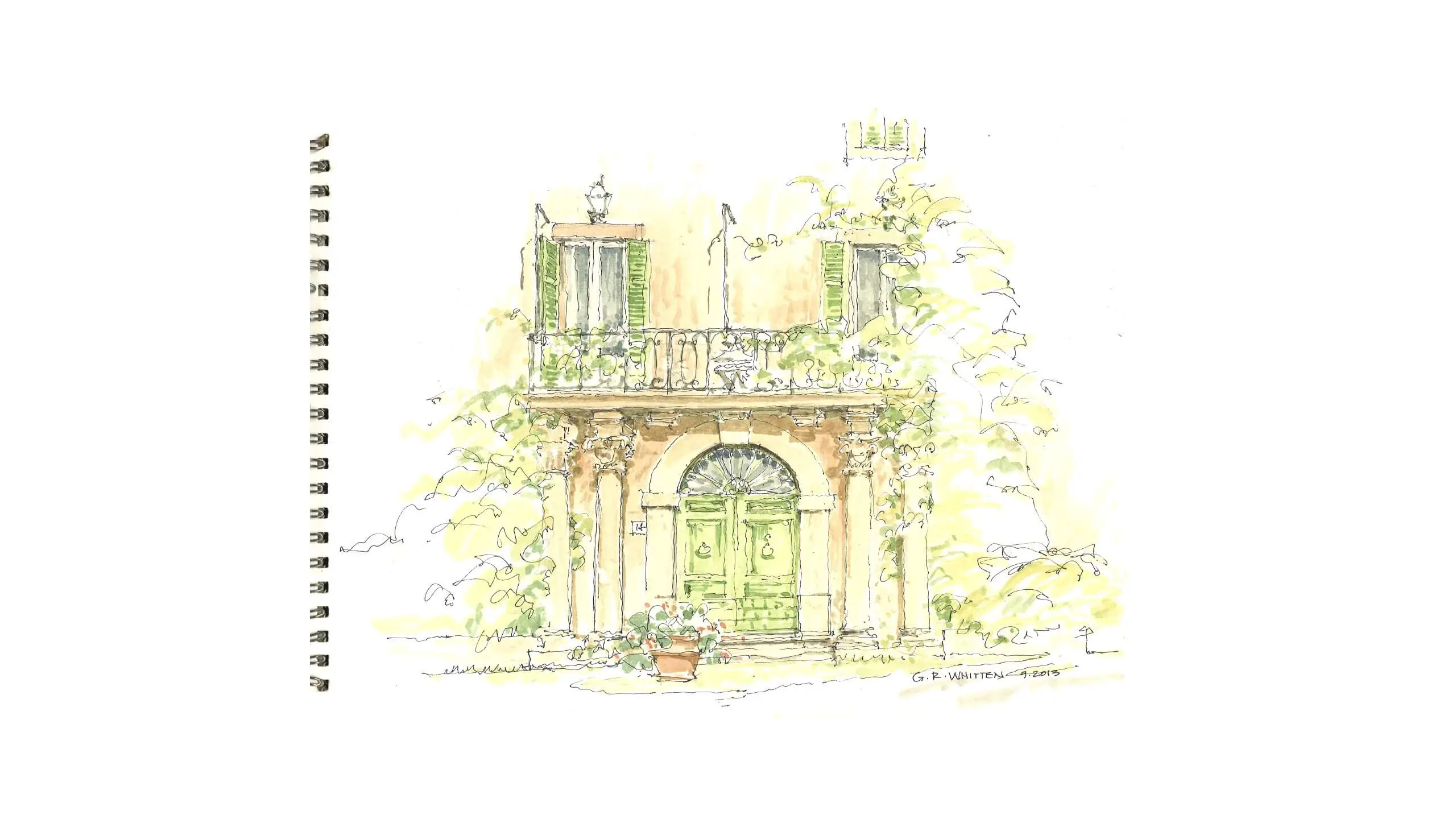 Watercolor sketch of elegant European-style building with green shutters and vines