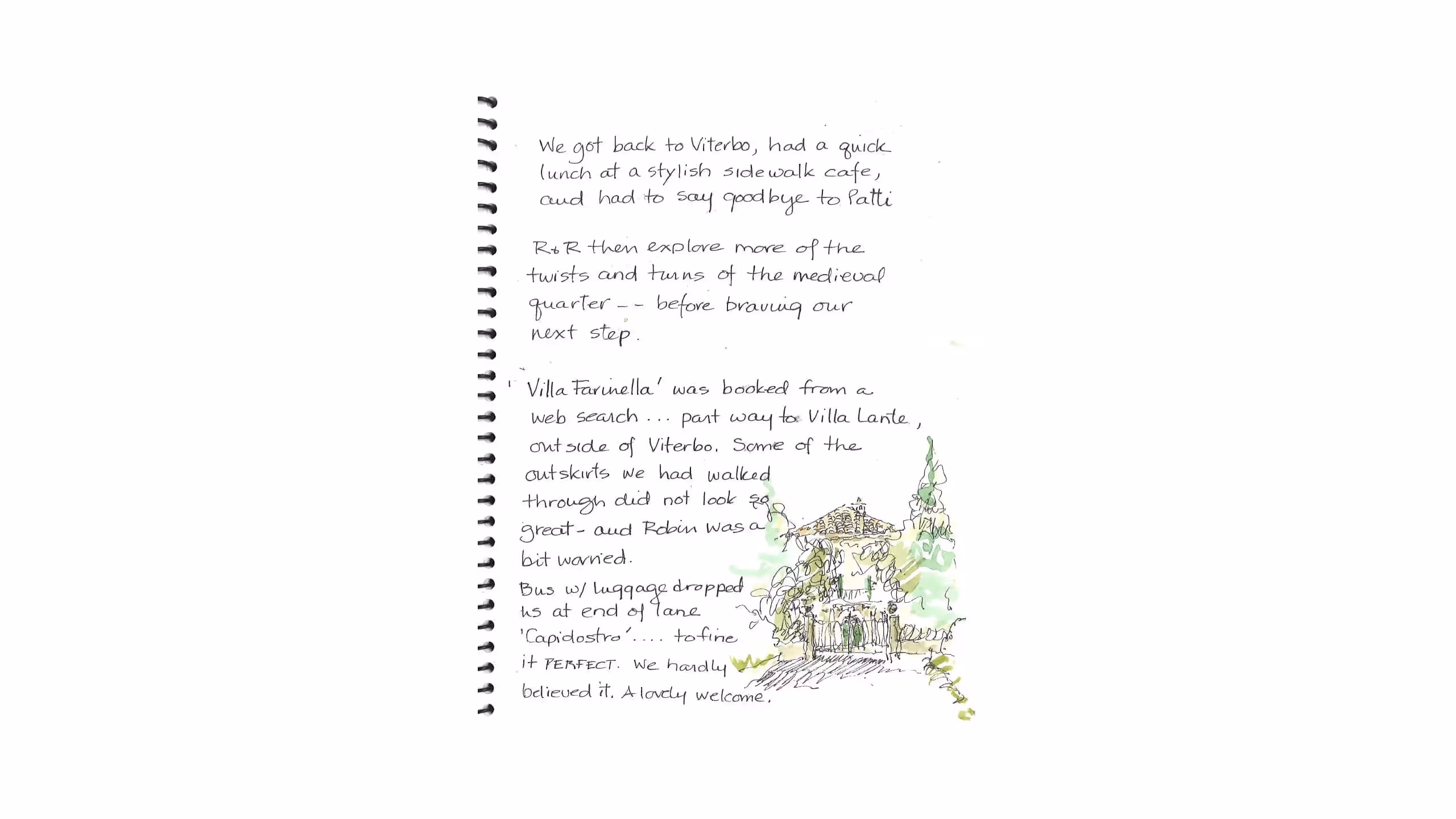 Handwritten journal page with sketch of villa and travel notes