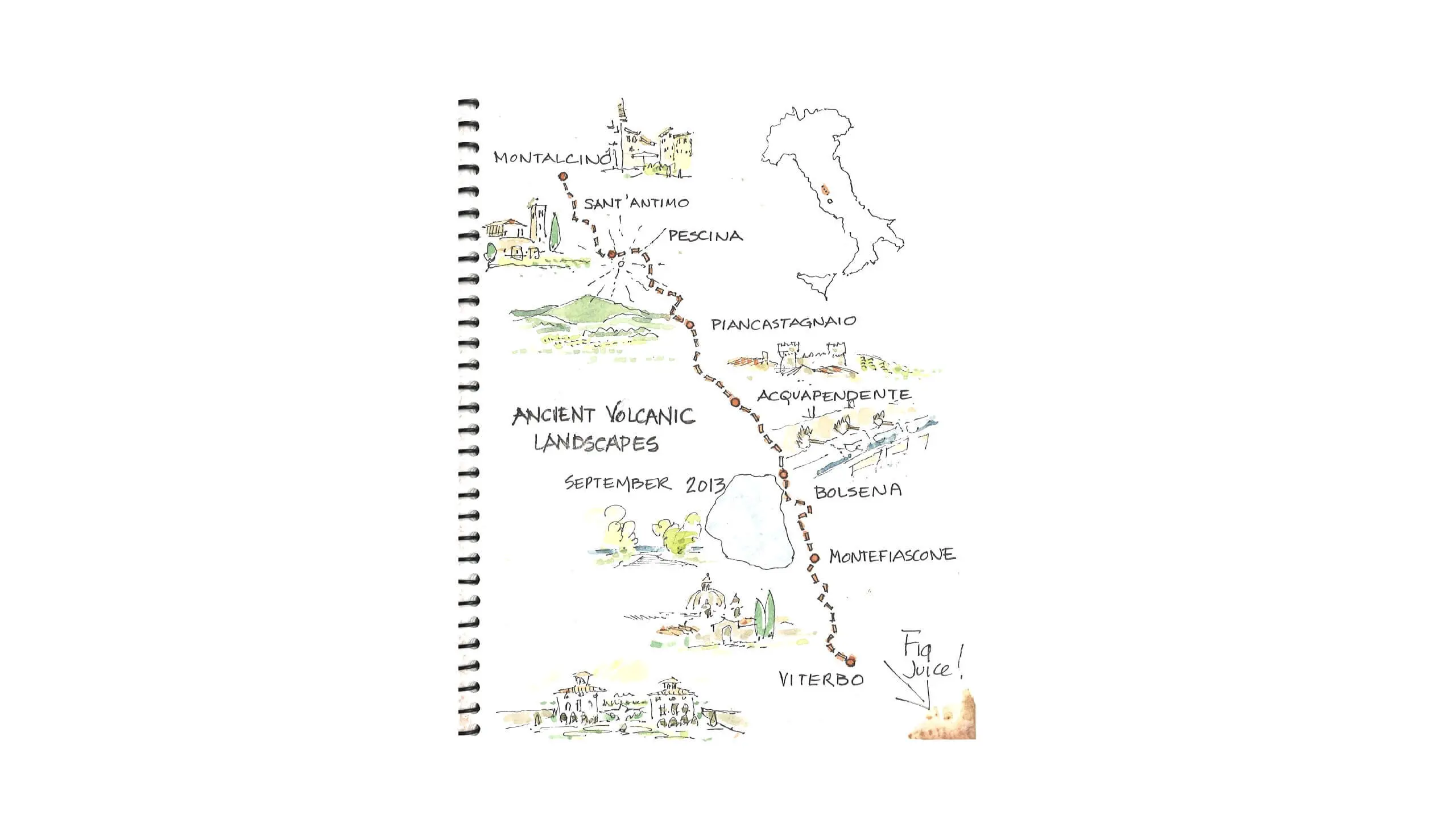 Hand-drawn map of ancient volcanic landscapes in Italy, September 2013
