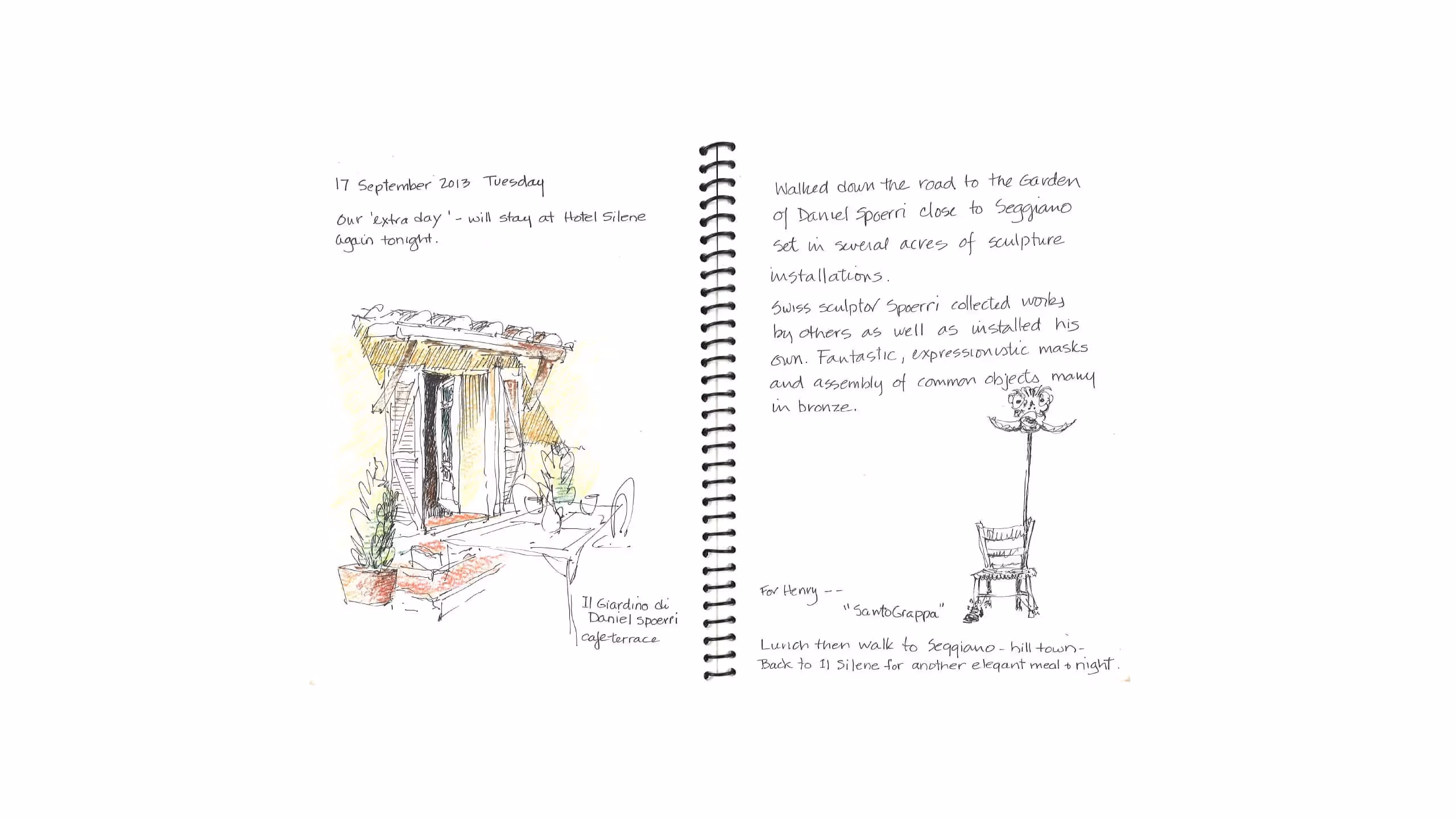Travel journal page with sketches of garden building and sculptural objects