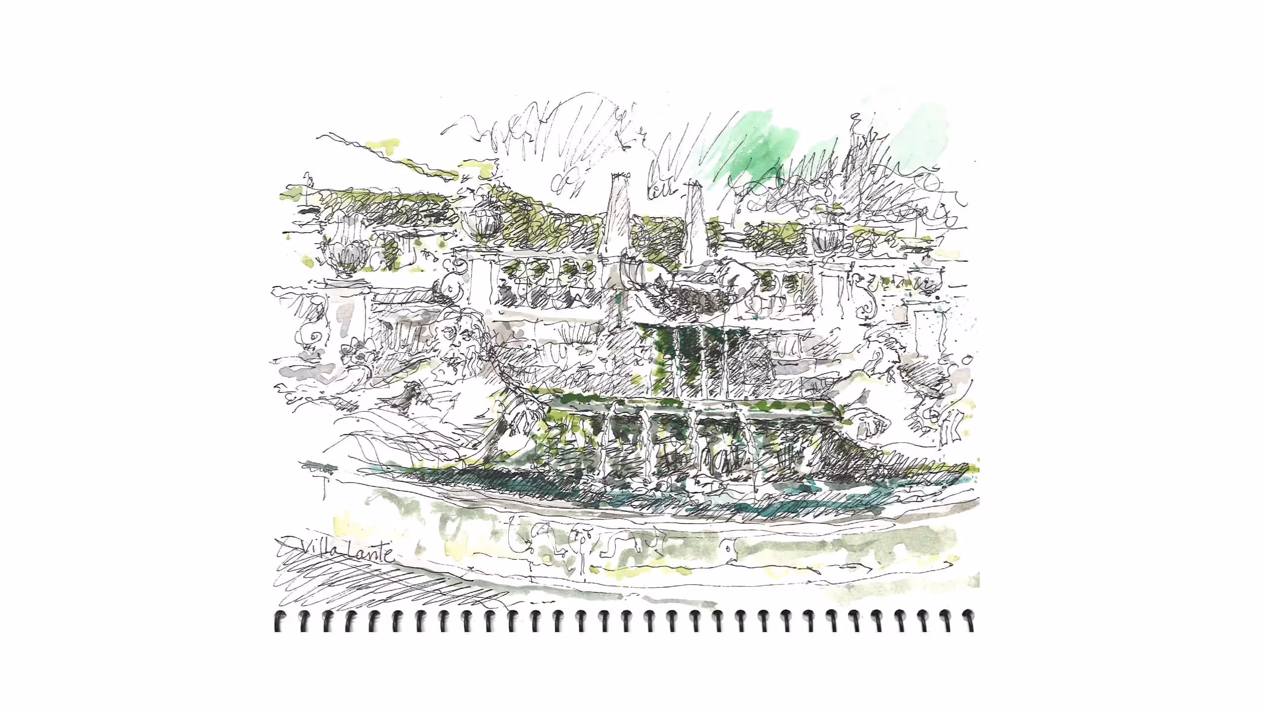 Hand-drawn garden sketch with cascading fountain and green watercolor wash