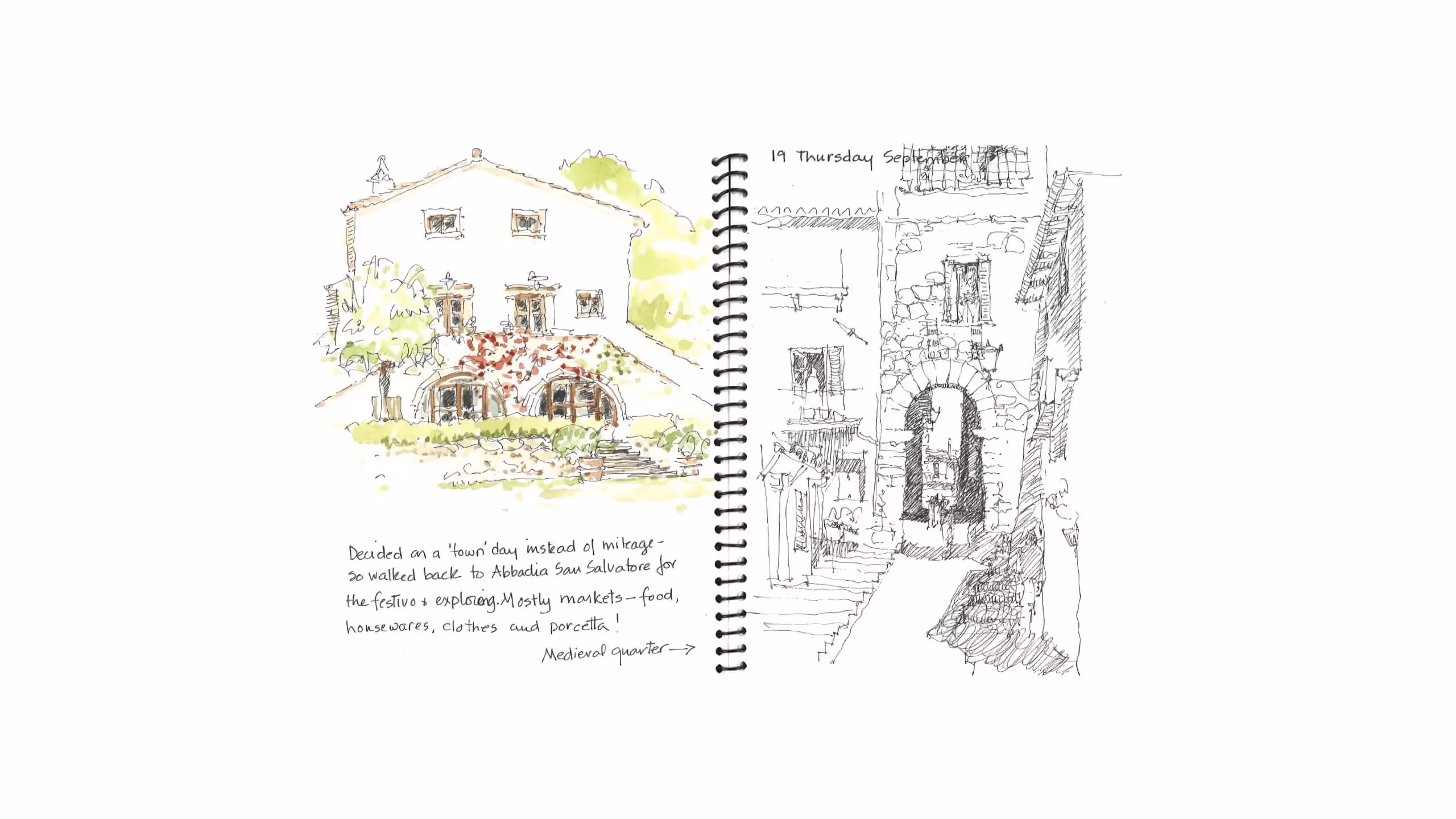 Sketch of a white house and medieval town street in Italy