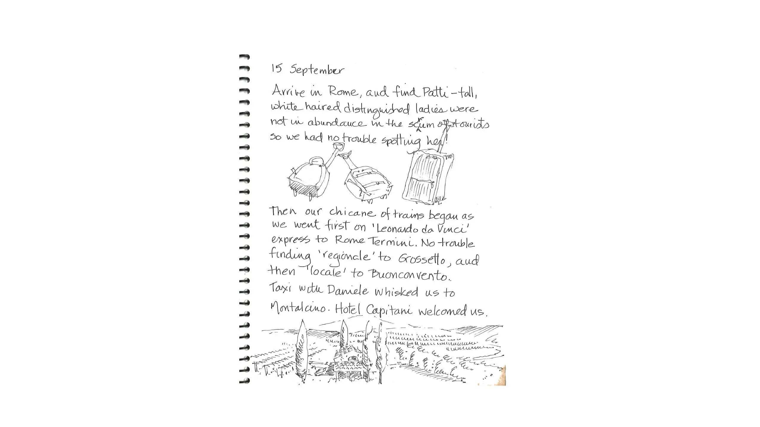 Handwritten travel journal page describing arrival in Rome with sketched luggage