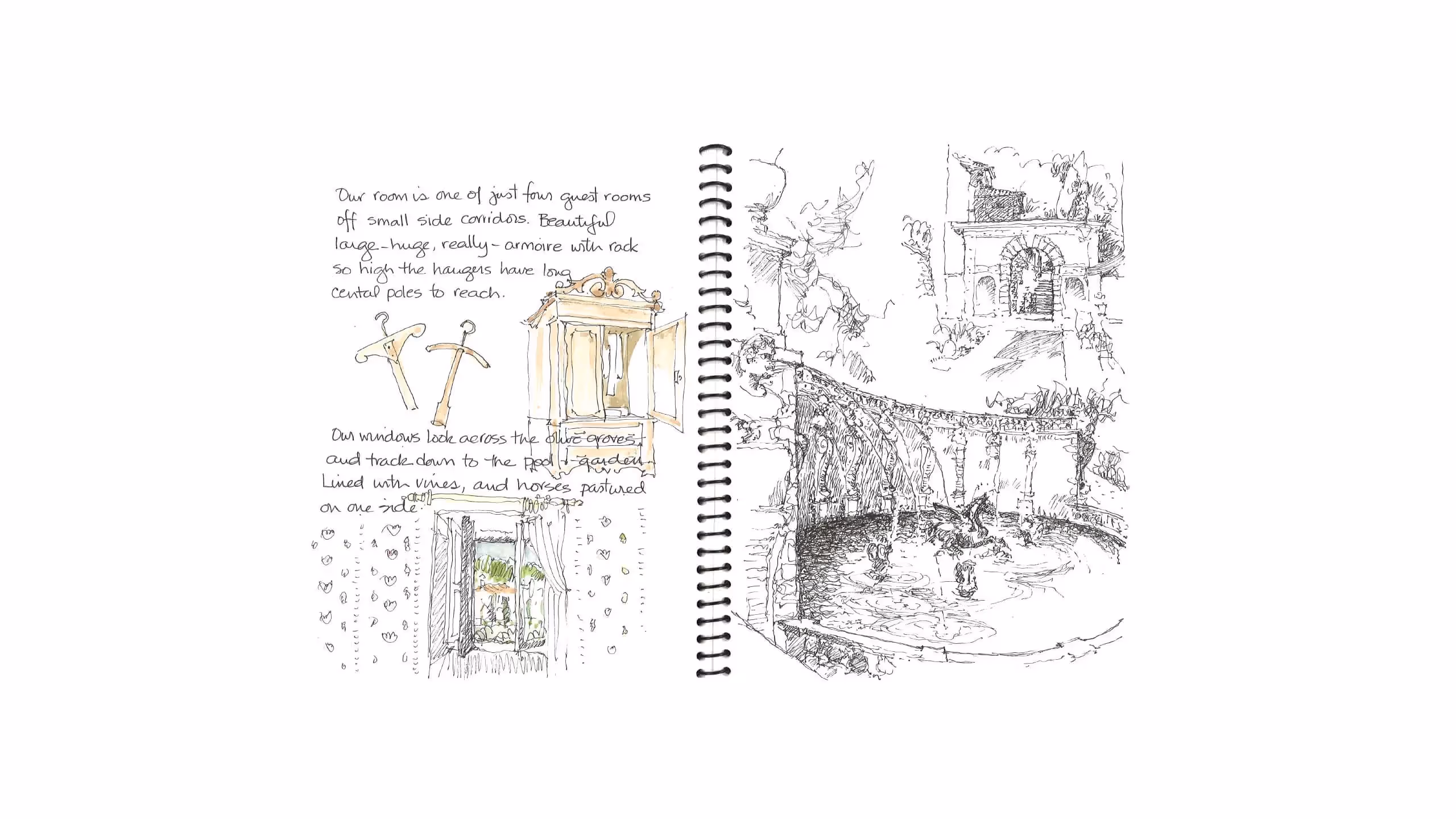Sketched journal page with architectural details of a rustic room
