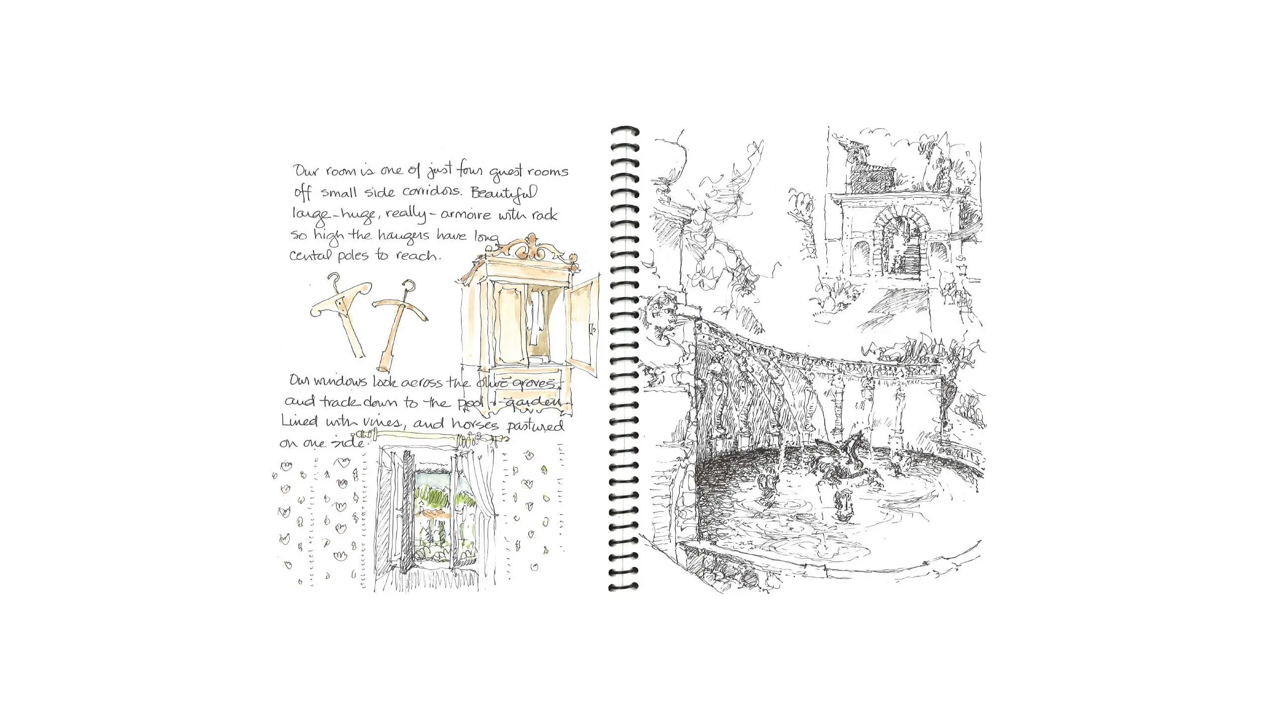 Sketched journal page with architectural details of a rustic room