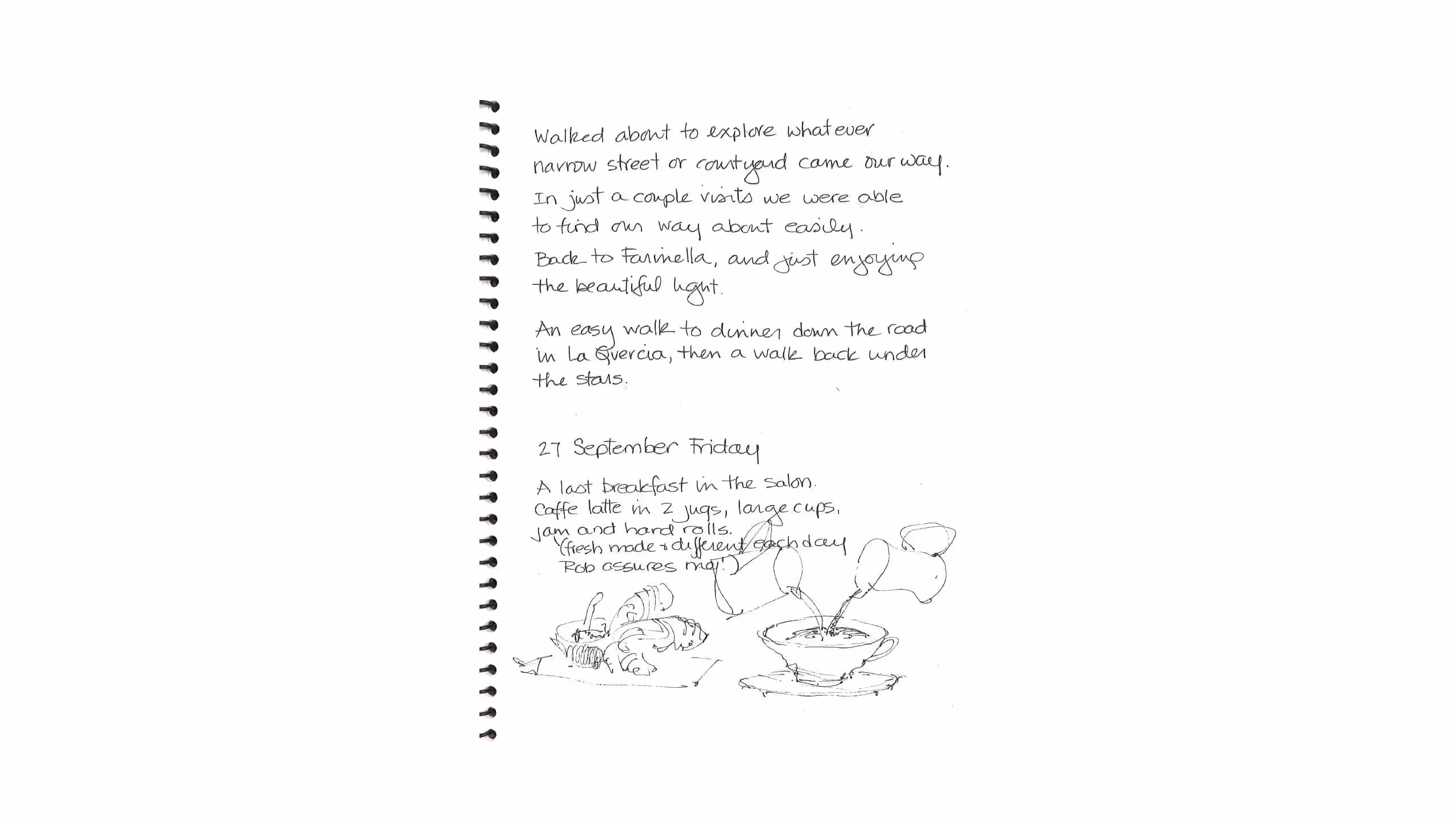 Hand-written journal page with notes and sketches about a day's activities