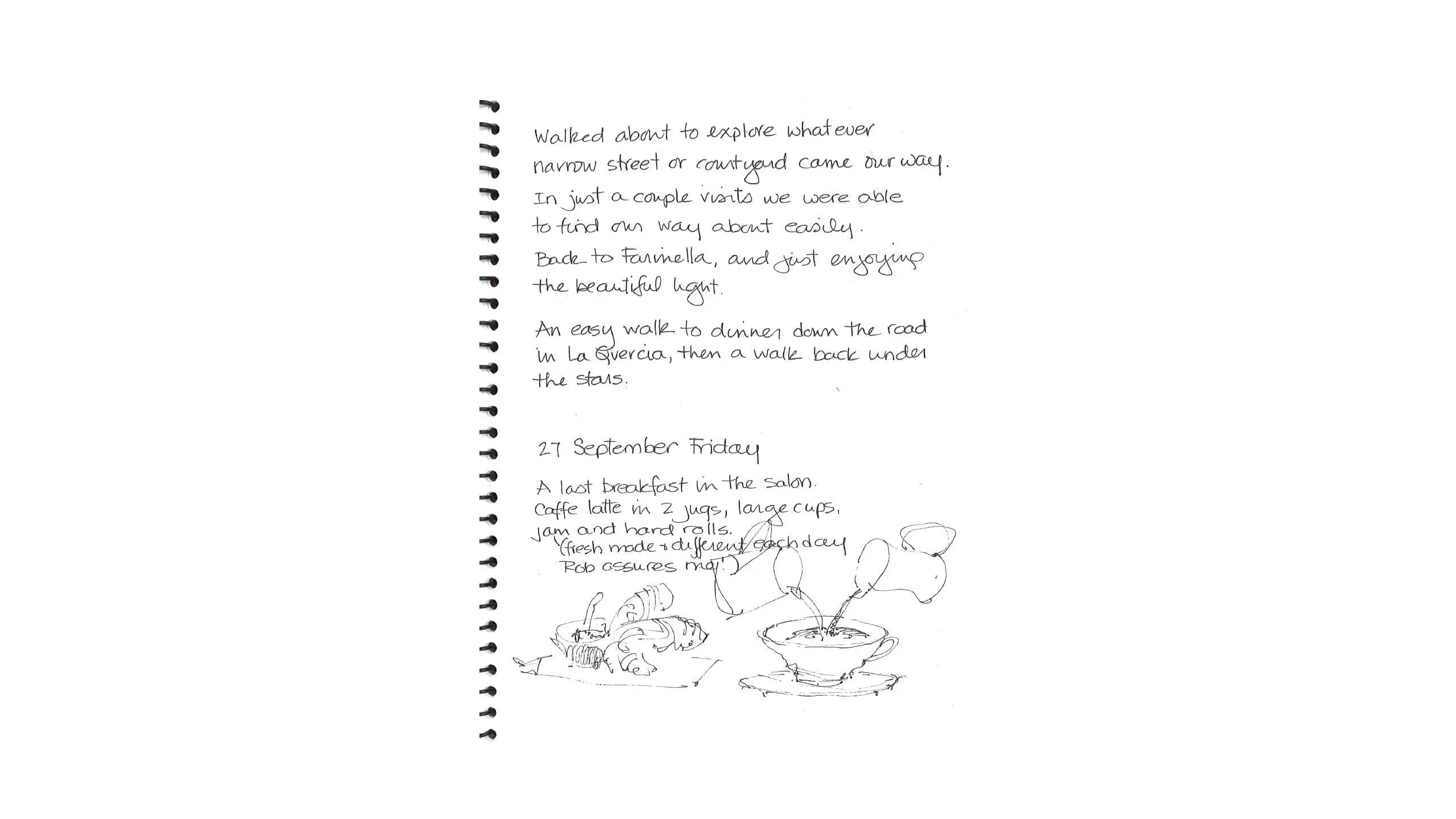 Hand-written journal page with notes and sketches about a day's activities