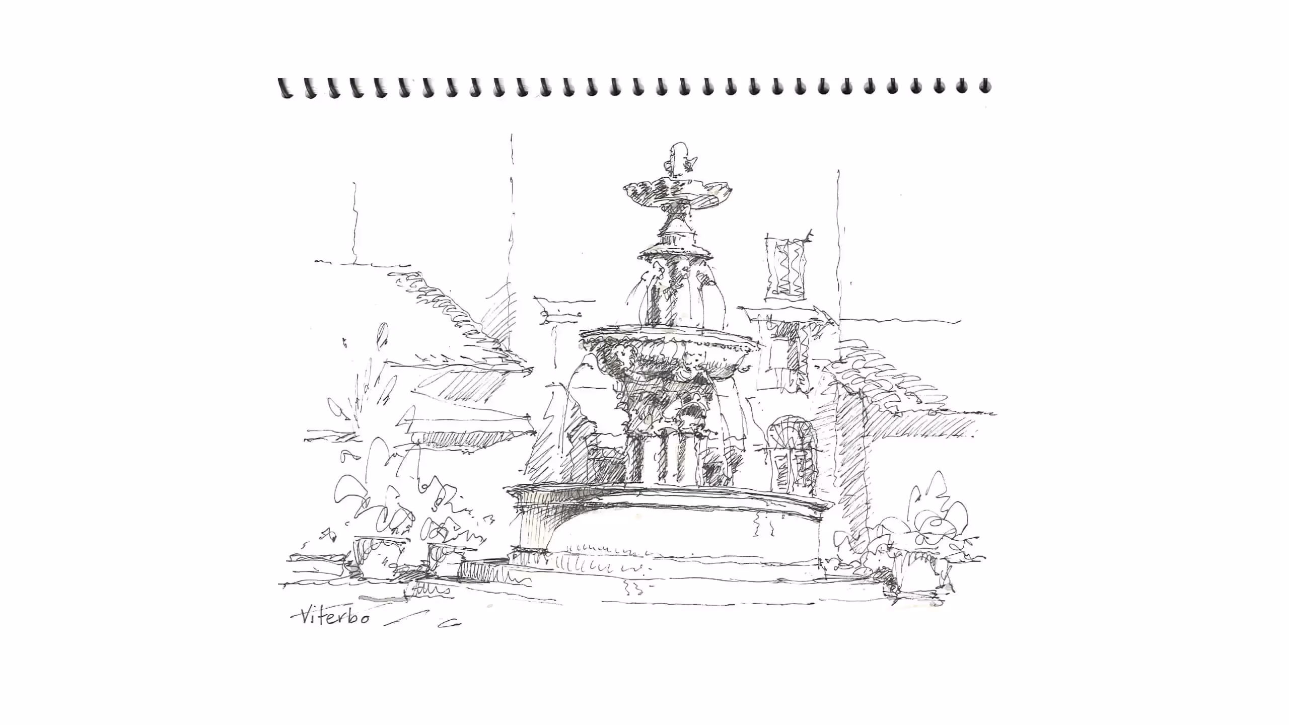 Sketch of an ornate fountain in Viterbo, Italy with architectural details
