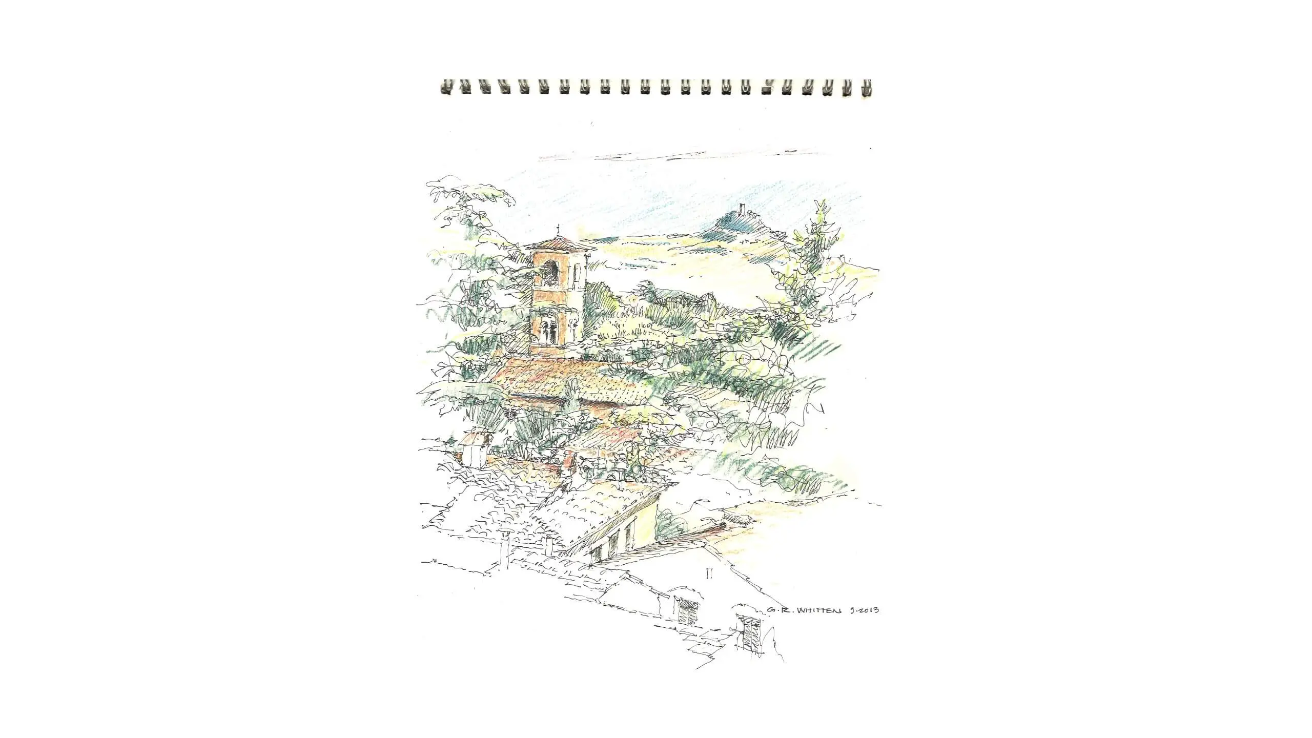 Sketch of an old stone tower and buildings nestled in a lush landscape
