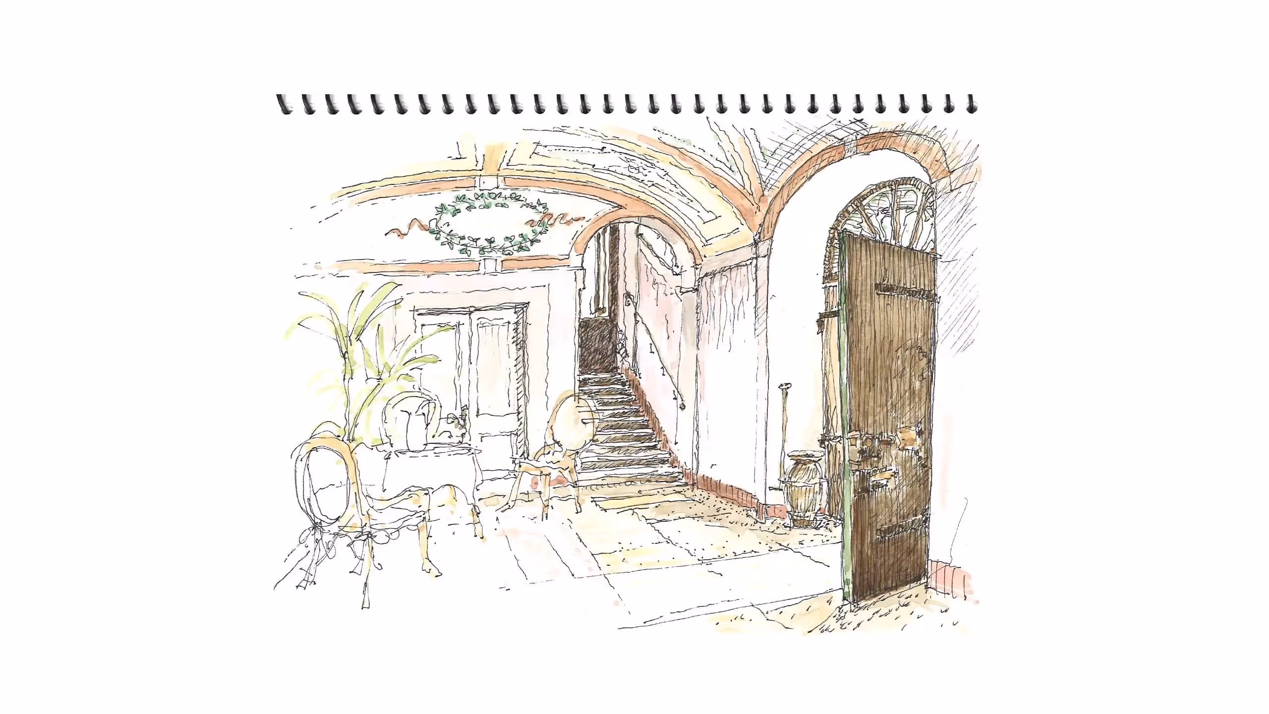 Sketch of rustic interior with stairs, chairs, arched doorway, and wooden door