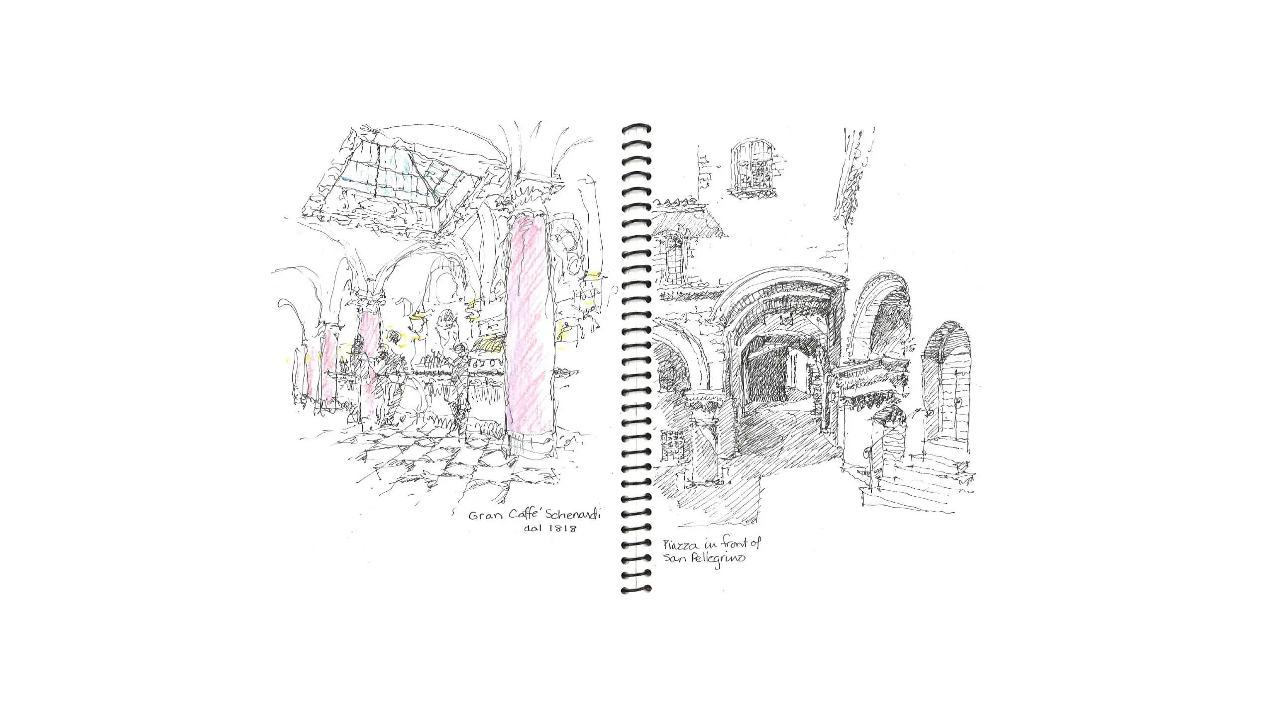 Architectural sketch of Italian street scenes with arches and buildings