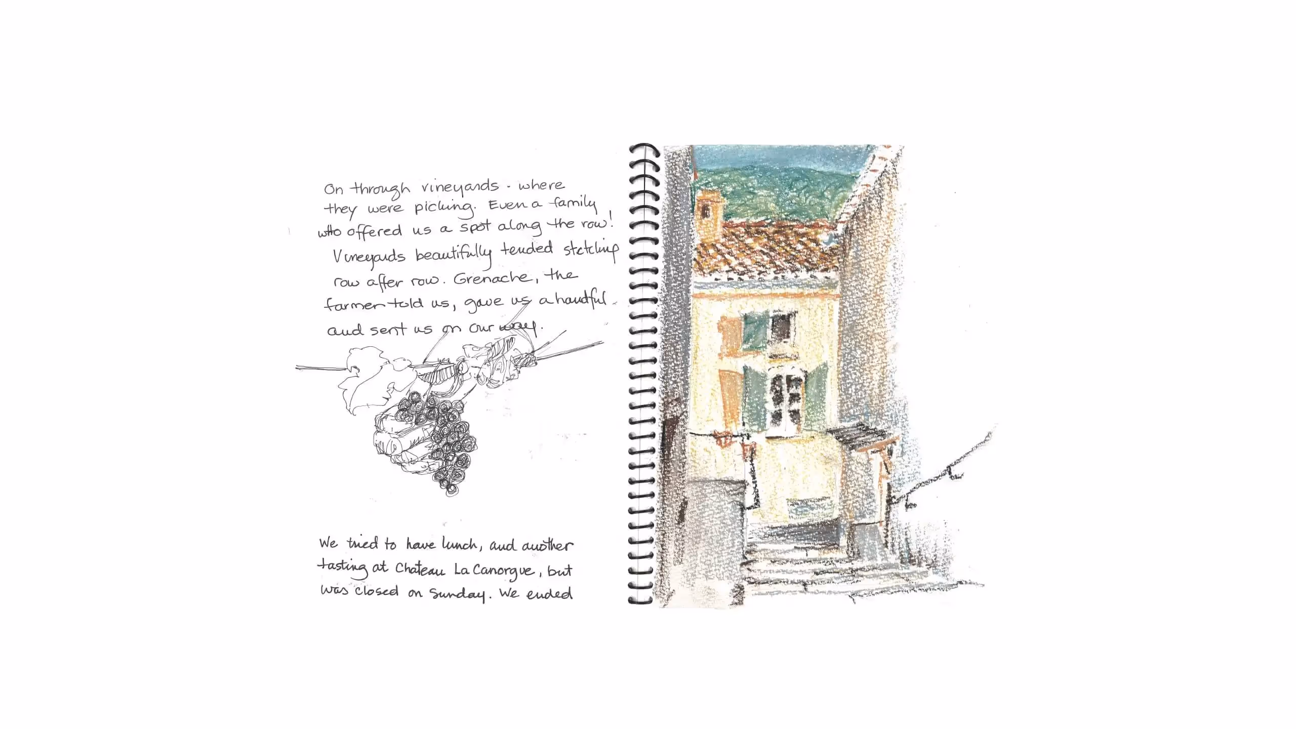 Sketch of a rustic building and vineyard with handwritten travel notes