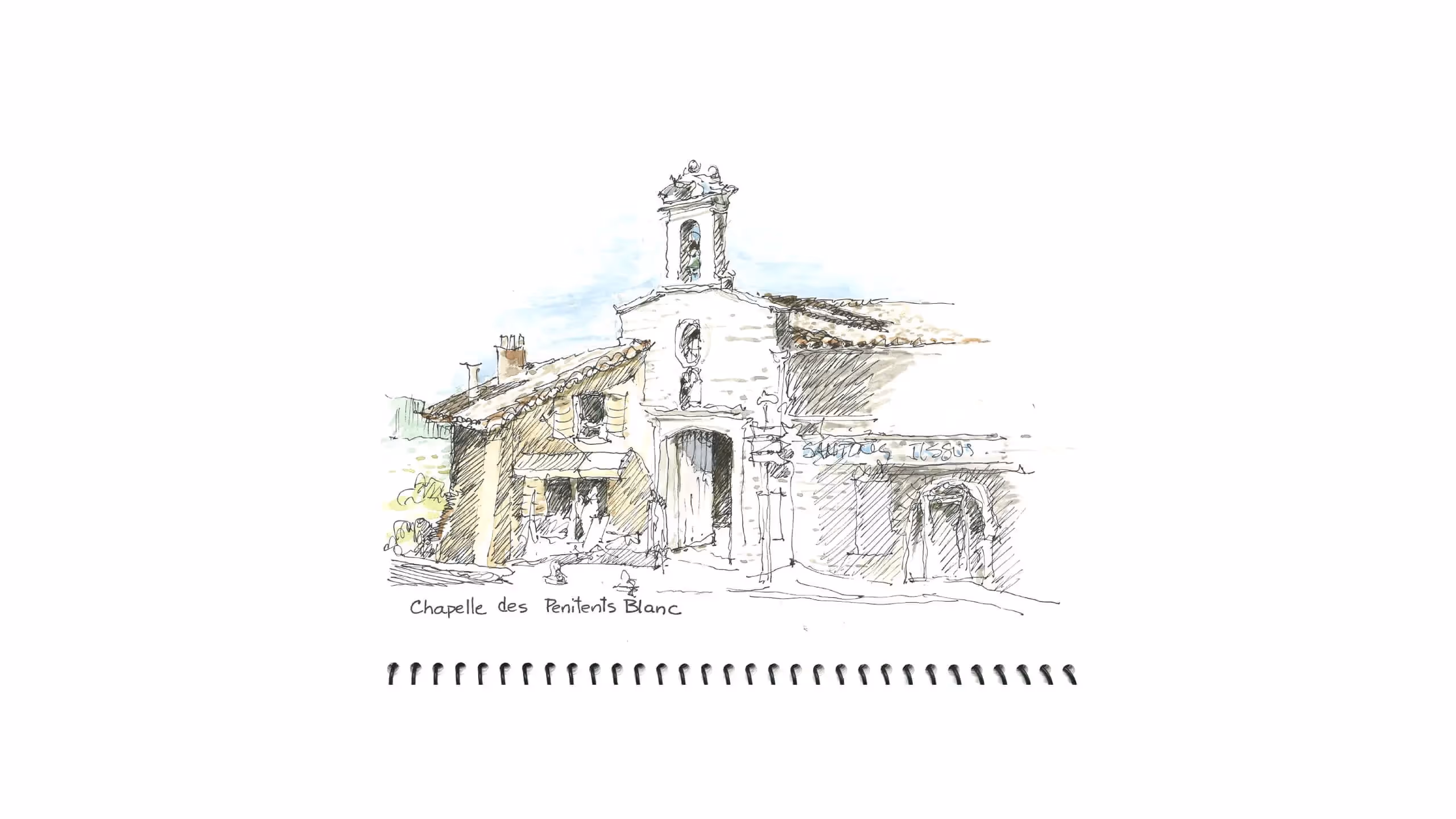 Hand-drawn sketch of Chapelle des Penitents Blanc with architectural details