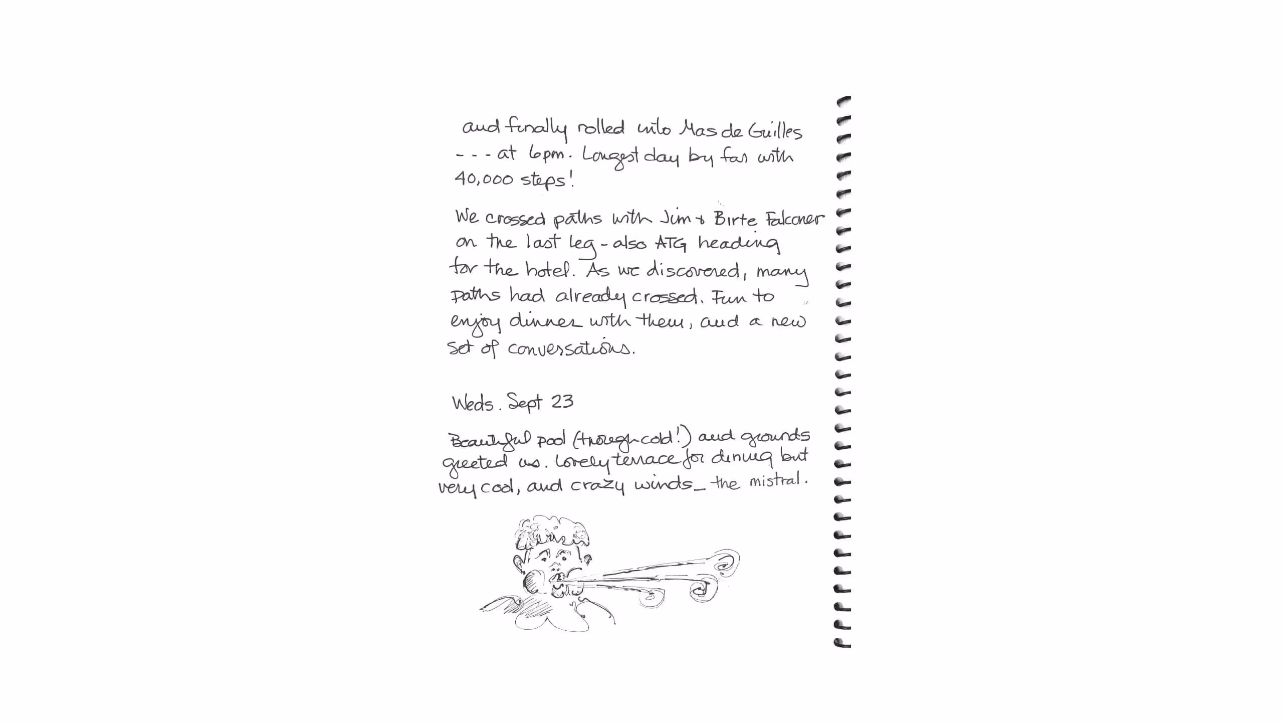 Handwritten journal page with notes about a day's travel and experiences