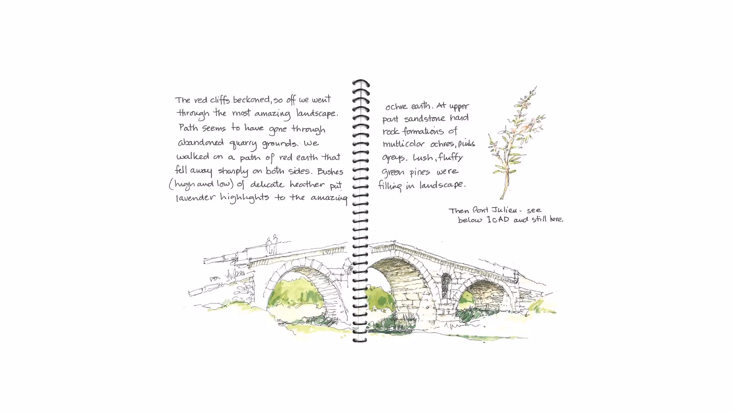 Stone arch bridge with arched openings amid green landscape sketch